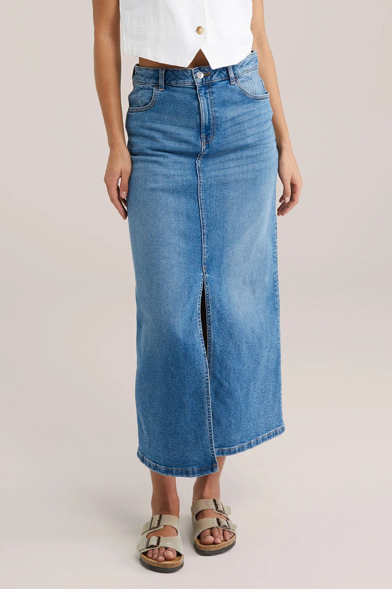 Açık Mavi Kadın Regular Fit Yüksek Bel Uzun Maxi Boy Denim Kot Etek MERRY-4092