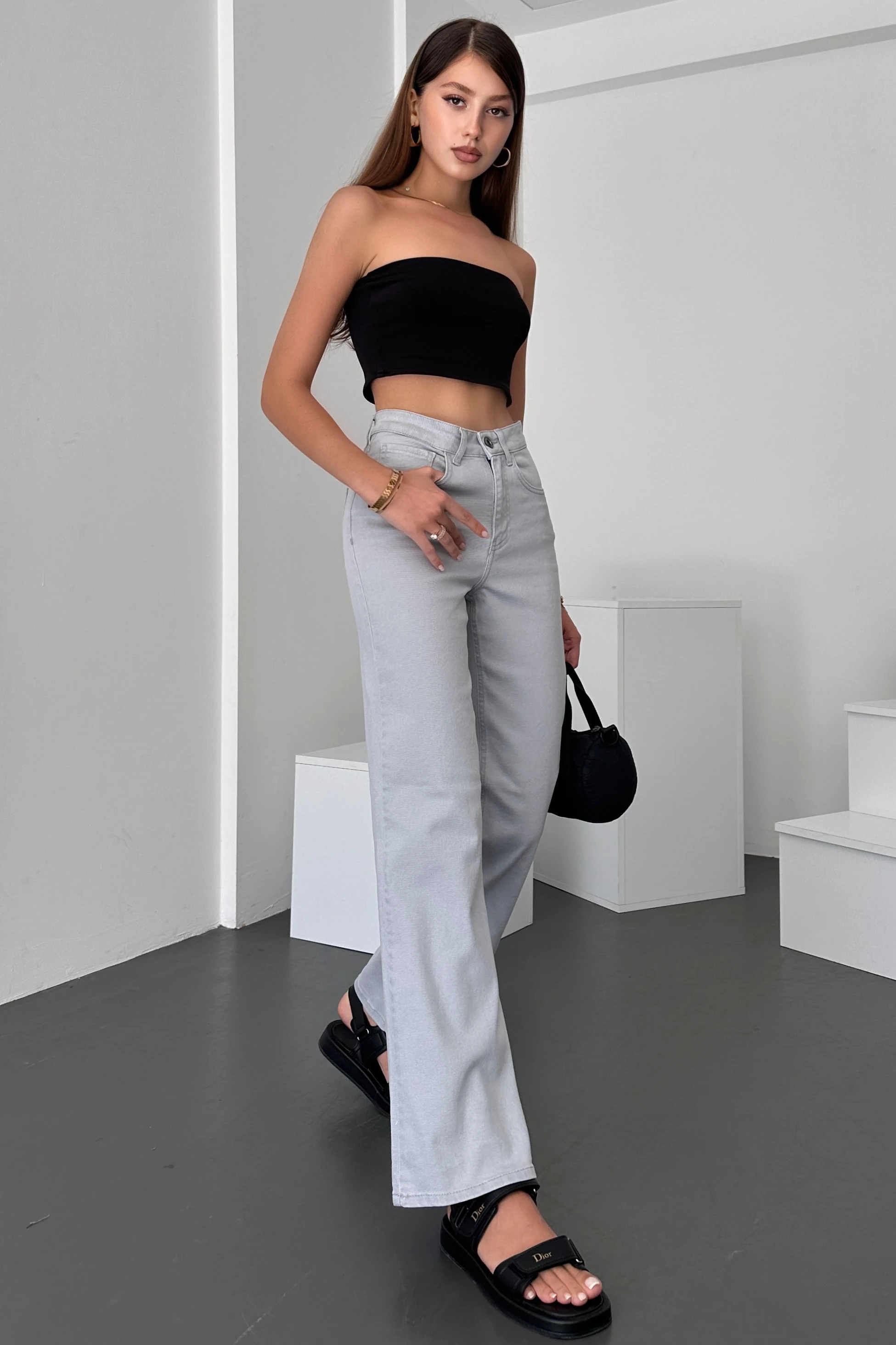 Gümüş Gri Kadın Wide Leg Jean Yüksek Bel Palazzo Likralı Esnek Kot Pantolon JESSİCA-2042