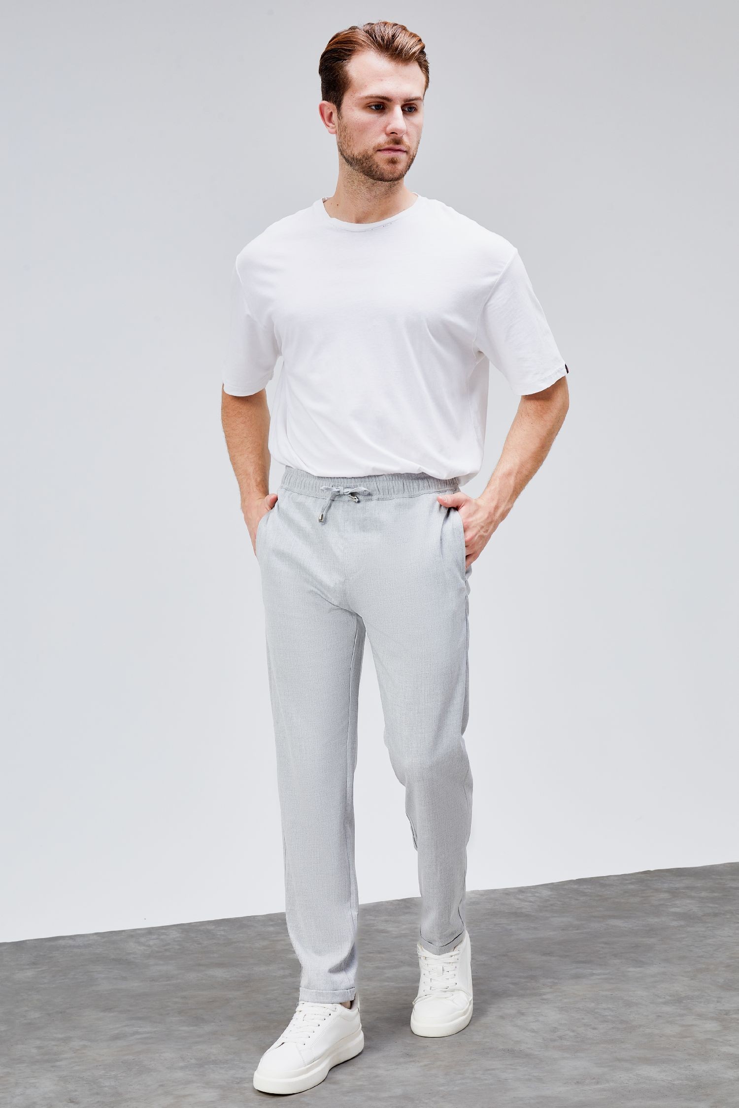 Erkek Gri Relaxed Fit Yandan Cepli Beli Lastikli Bağcıklı Duble Paça Jogger Pantolon BOLT-1998