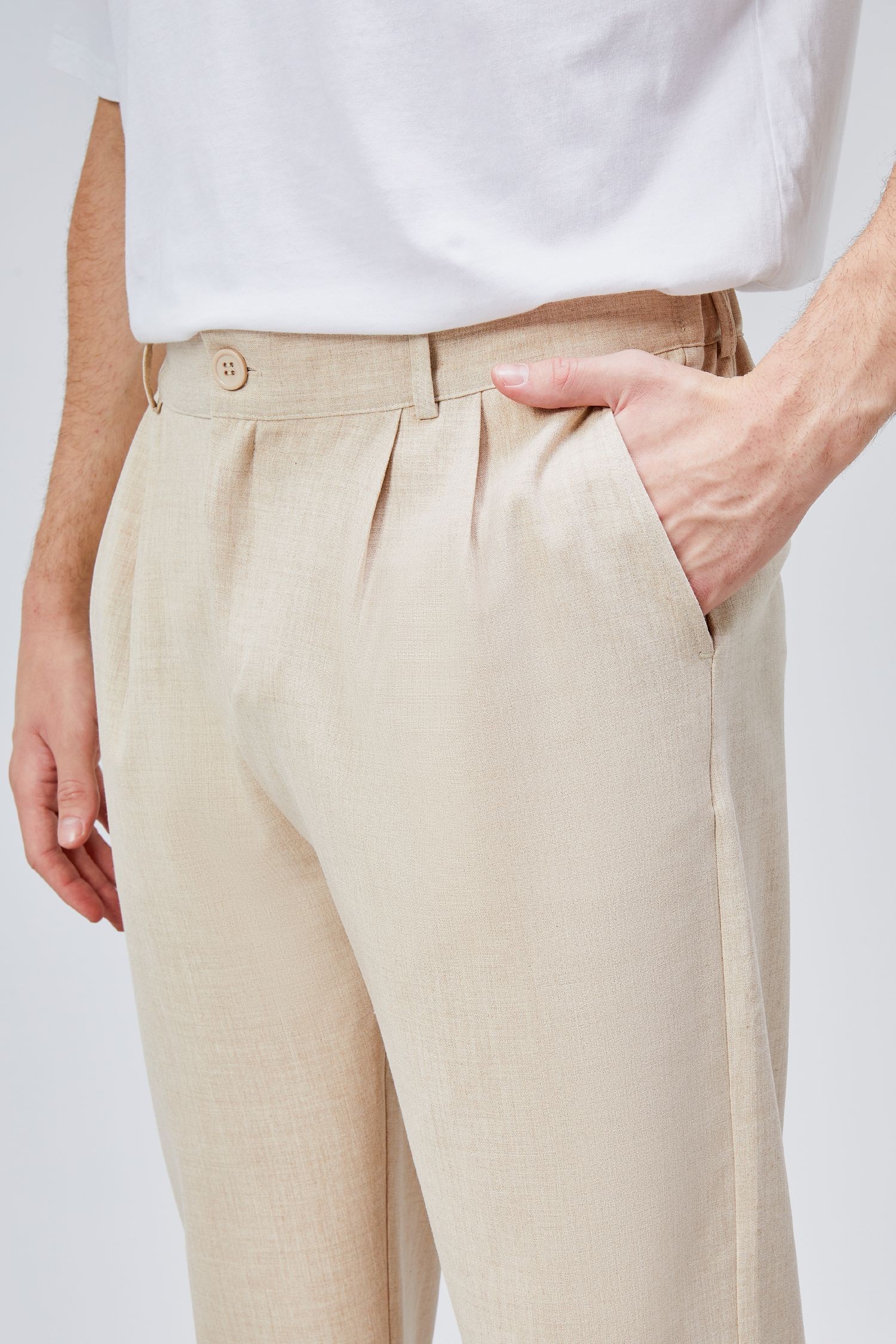 Erkek Bej Çift Pileli Rahat Kesim Beli Lastikli Bol Paça Baggy Pantolon ALBERT-1991