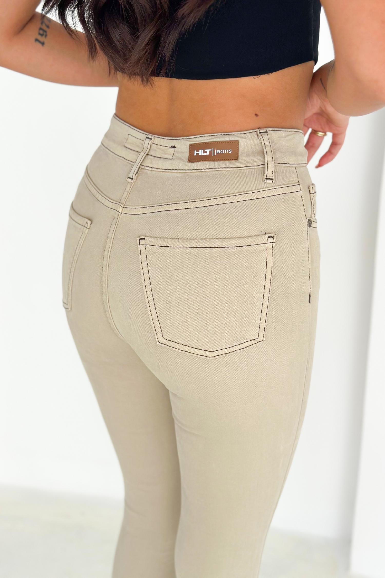Kadın Fil Dişi Süper Skinny Fit Koyu İplik Detaylı Esnek Likralı Yüksek Bel Jean Kot Pan JENNİE-2010
