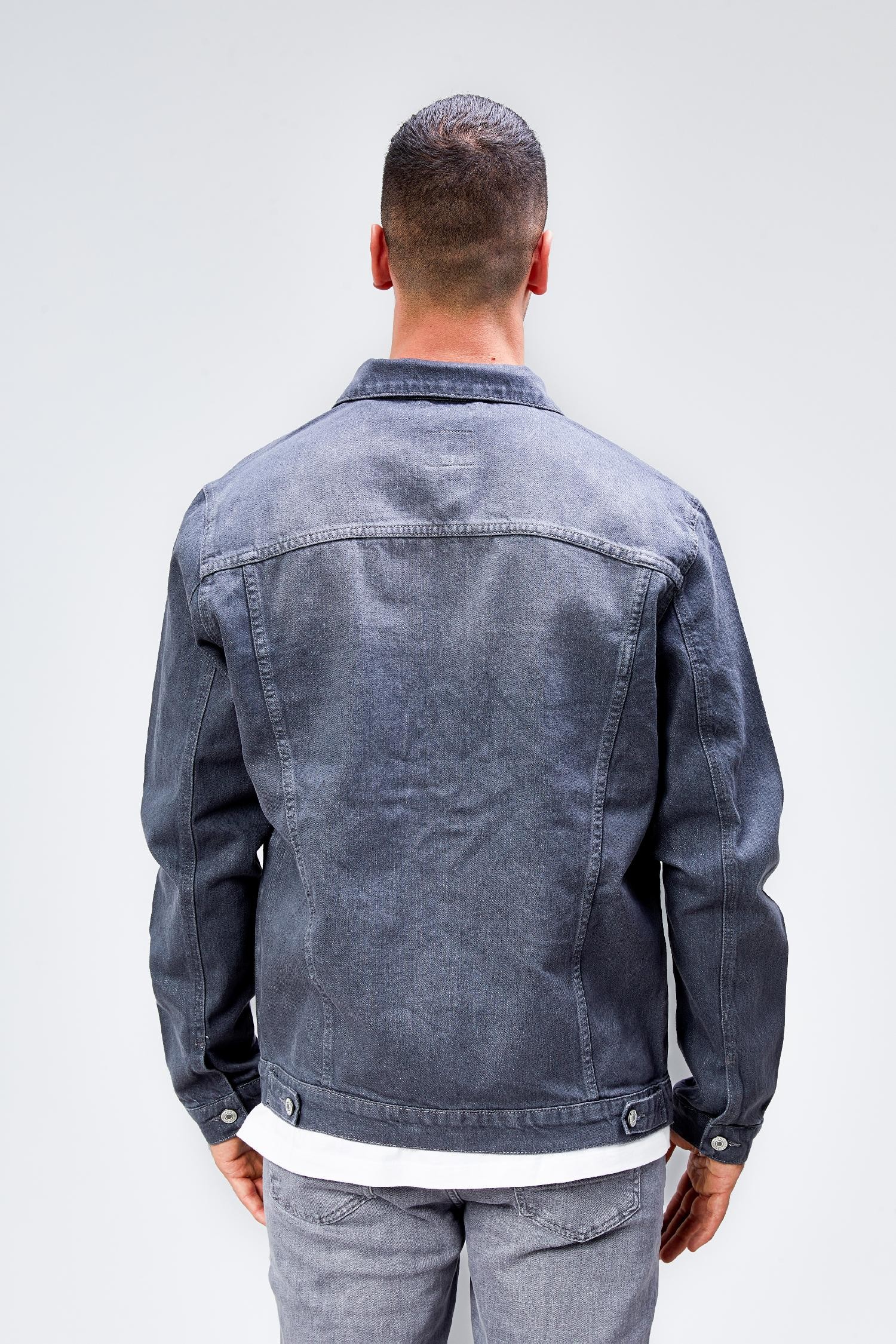 Erkek Gri Jean Denim Standart Kalıp %100 Pamuk Cepli Düğmeli Kot Ceket HLTHE042153