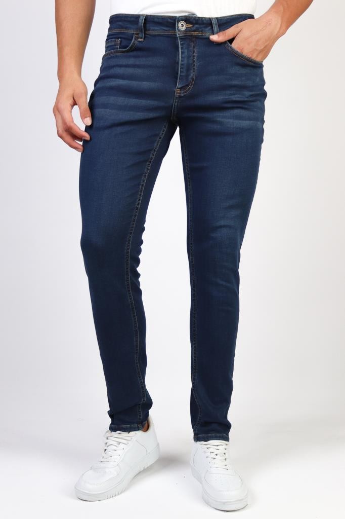 Erkek Taşlamalı Orta Mavi Örme Kumaş Slim Fit Likralı Esnek Denim Kot Jeans Pantolon
