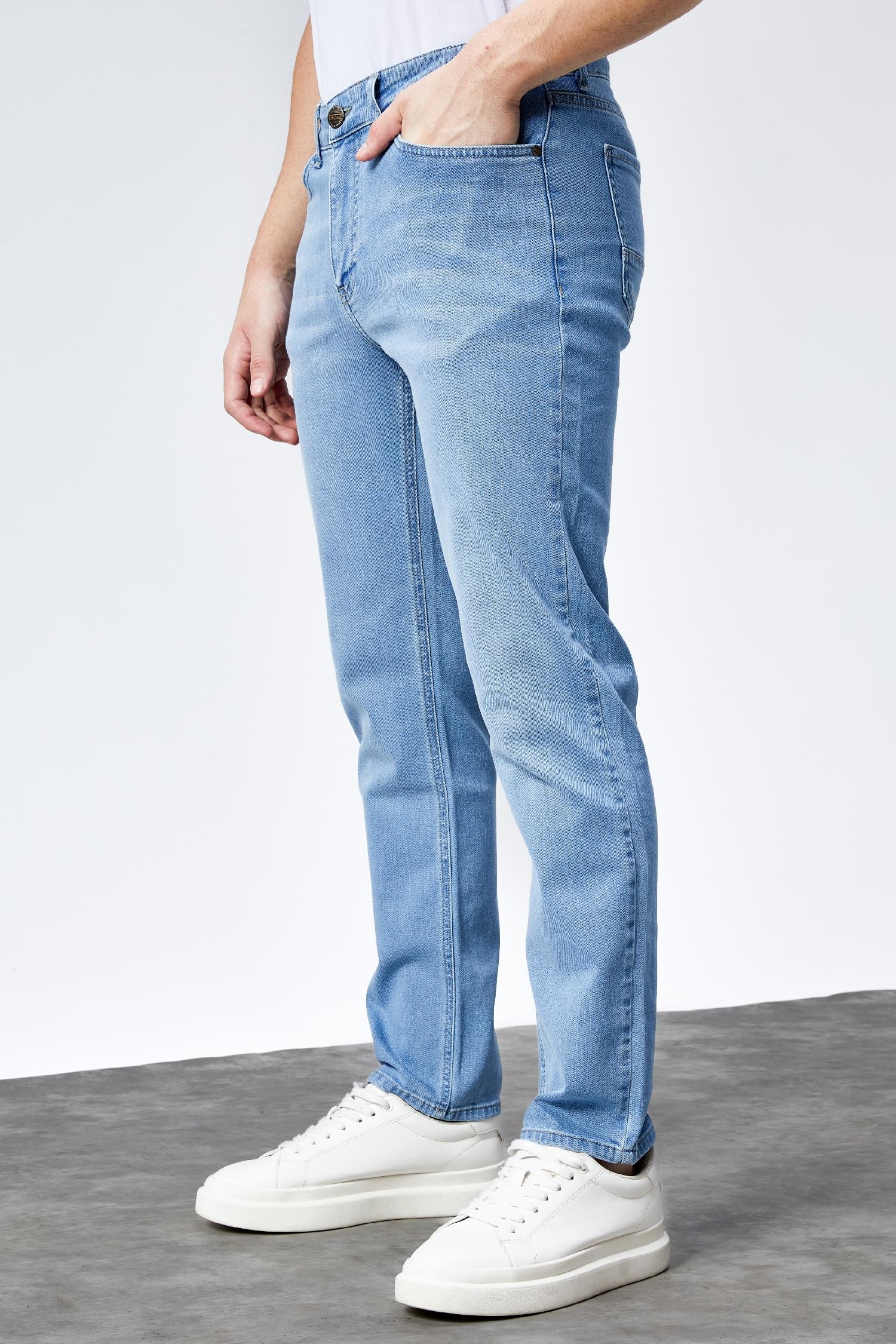Erkek Buz Mavi Regular Fit Boru Paça Esnek Likralı Jeans Kot Pantolon HLTHE001981