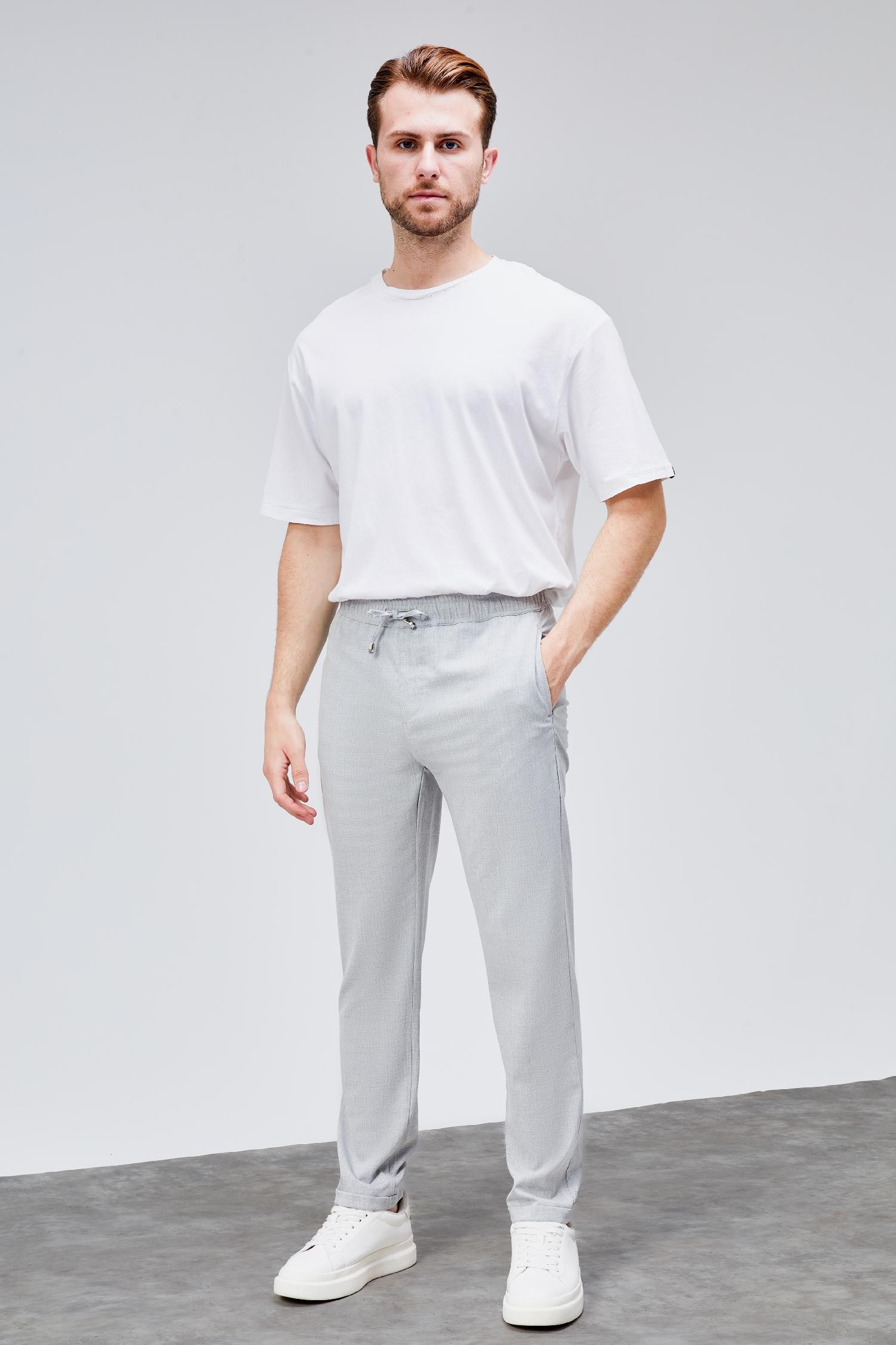 Erkek Gri Relaxed Fit Yandan Cepli Beli Lastikli Bağcıklı Duble Paça Jogger Pantolon BOLT-1998
