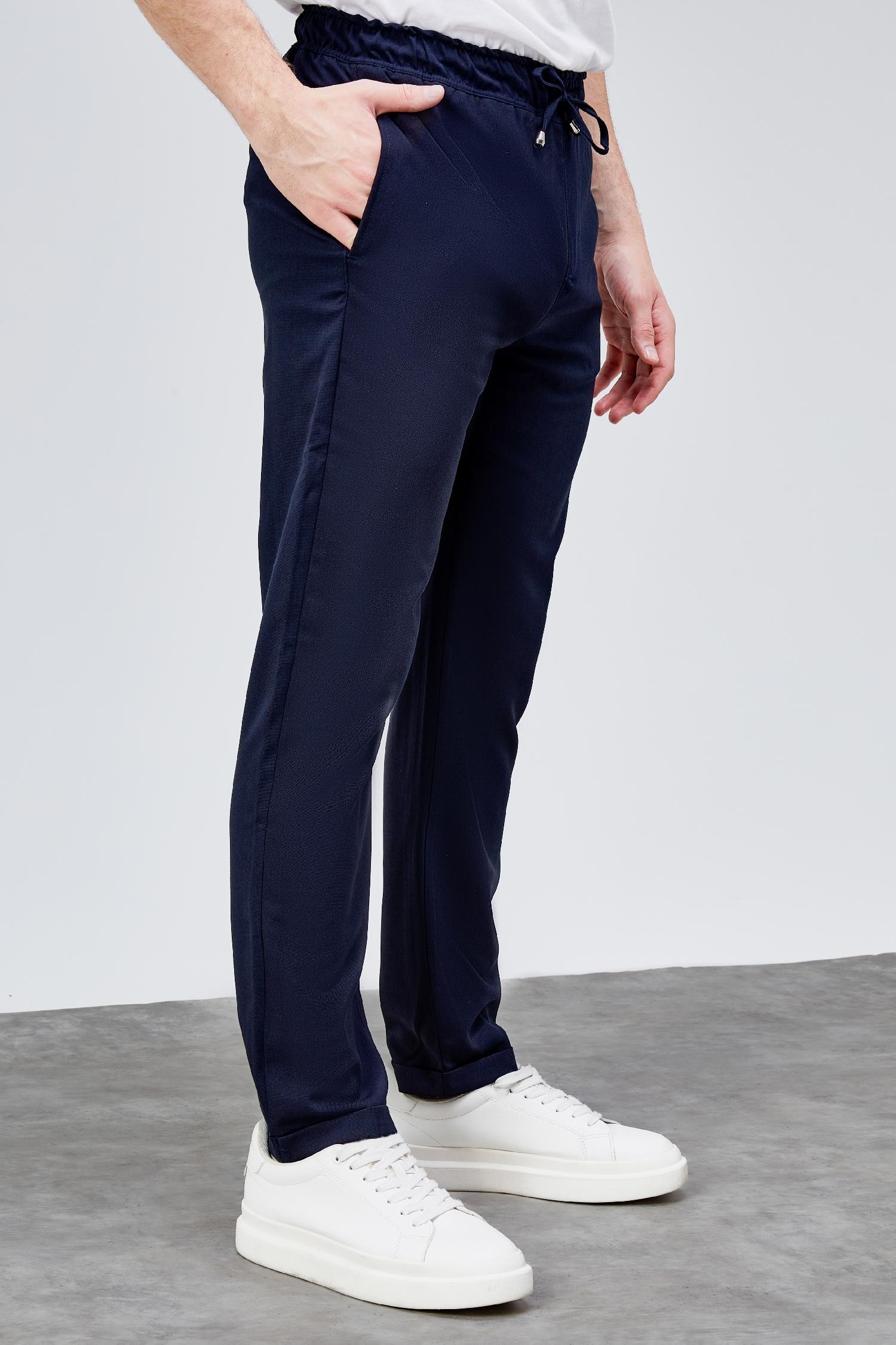 Erkek Lacivert Relaxed Fit Yandan Cepli Beli Lastikli Bağcıklı Duble Paça Jogger Pantolon BOLT-1997