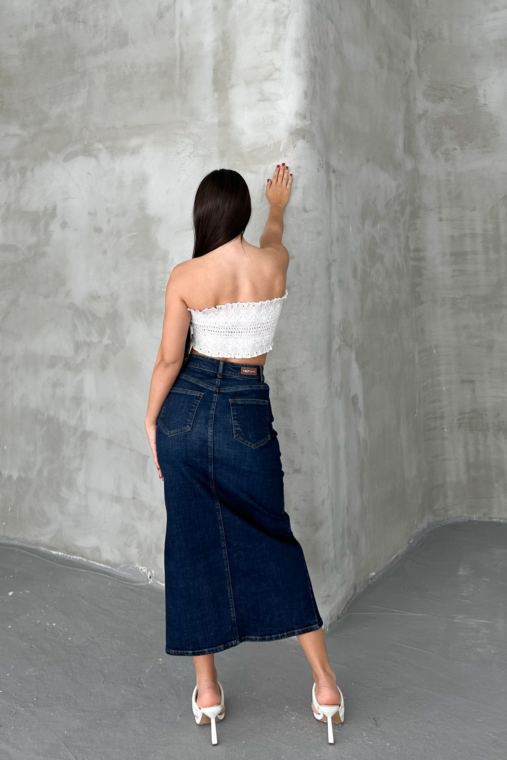 Koyu Mavi Kadın Regular Fit Yüksek Bel Uzun Maxi Boy Denim Kot Etek MERRY-4095
