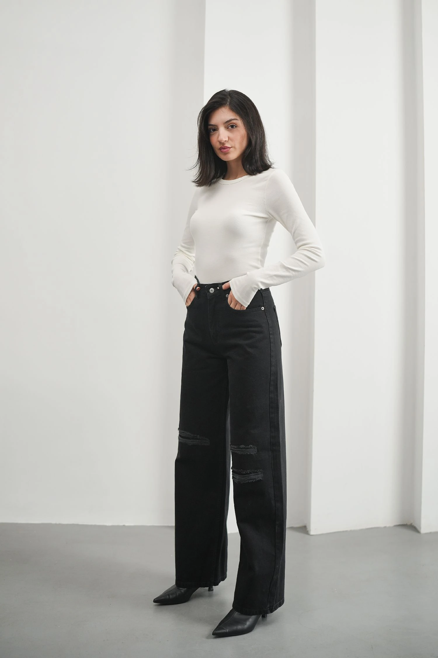 Siyah Kadın Yırtıklı Wide Leg Jean Yüksek Bel Palazzo Likrasız Pamuklu Kot Pantolon JESSİCA-2038