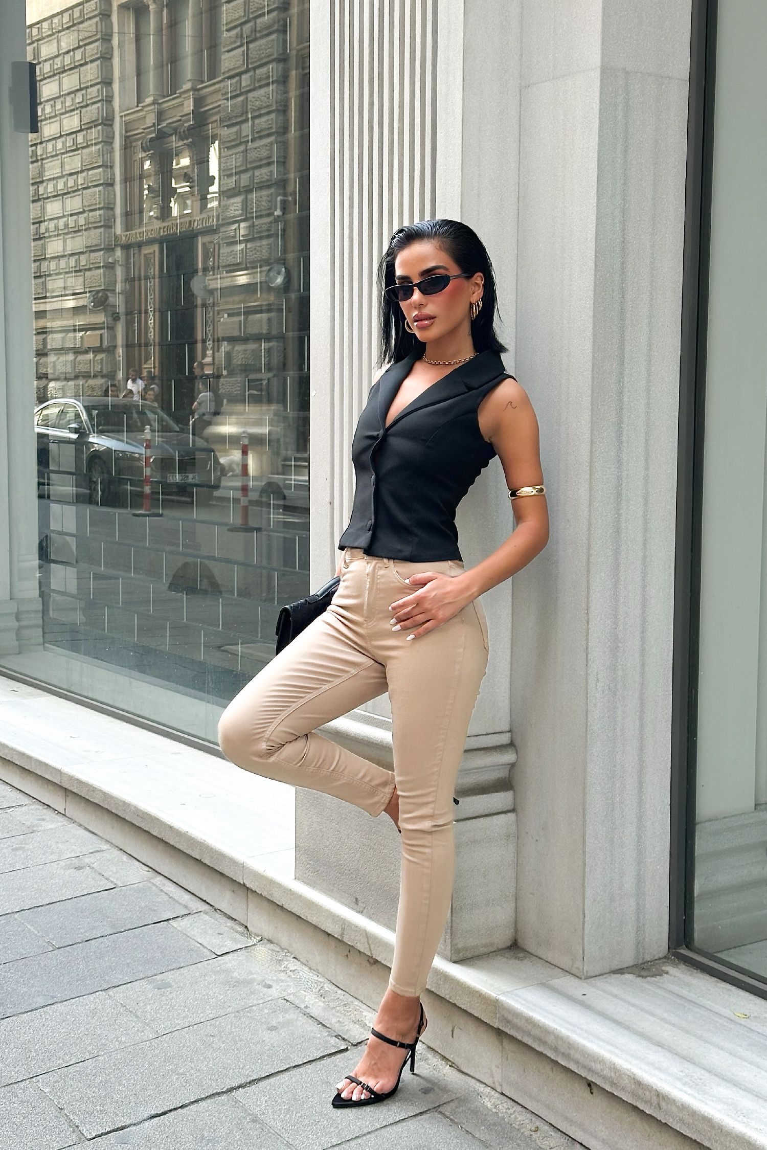 Kadın Bej Süper Skinny Fit Esnek Likralı Yüksek Bel Jean Kot Pantolon JENNİE-2005