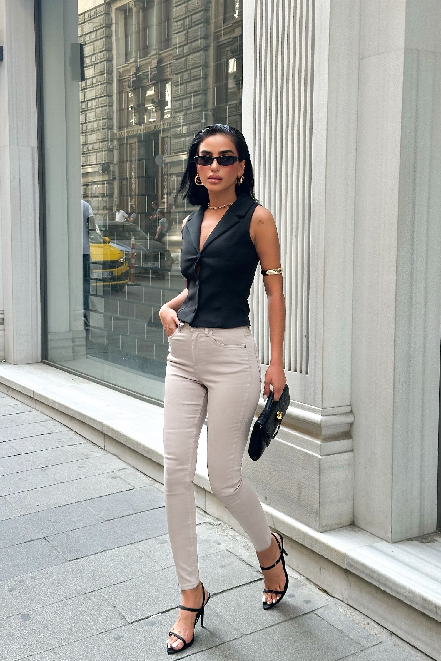 Kadın Krem Süper Skinny Fit Esnek Likralı Yüksek Bel Denim Jean Kot Pantolon JENNİE-2003