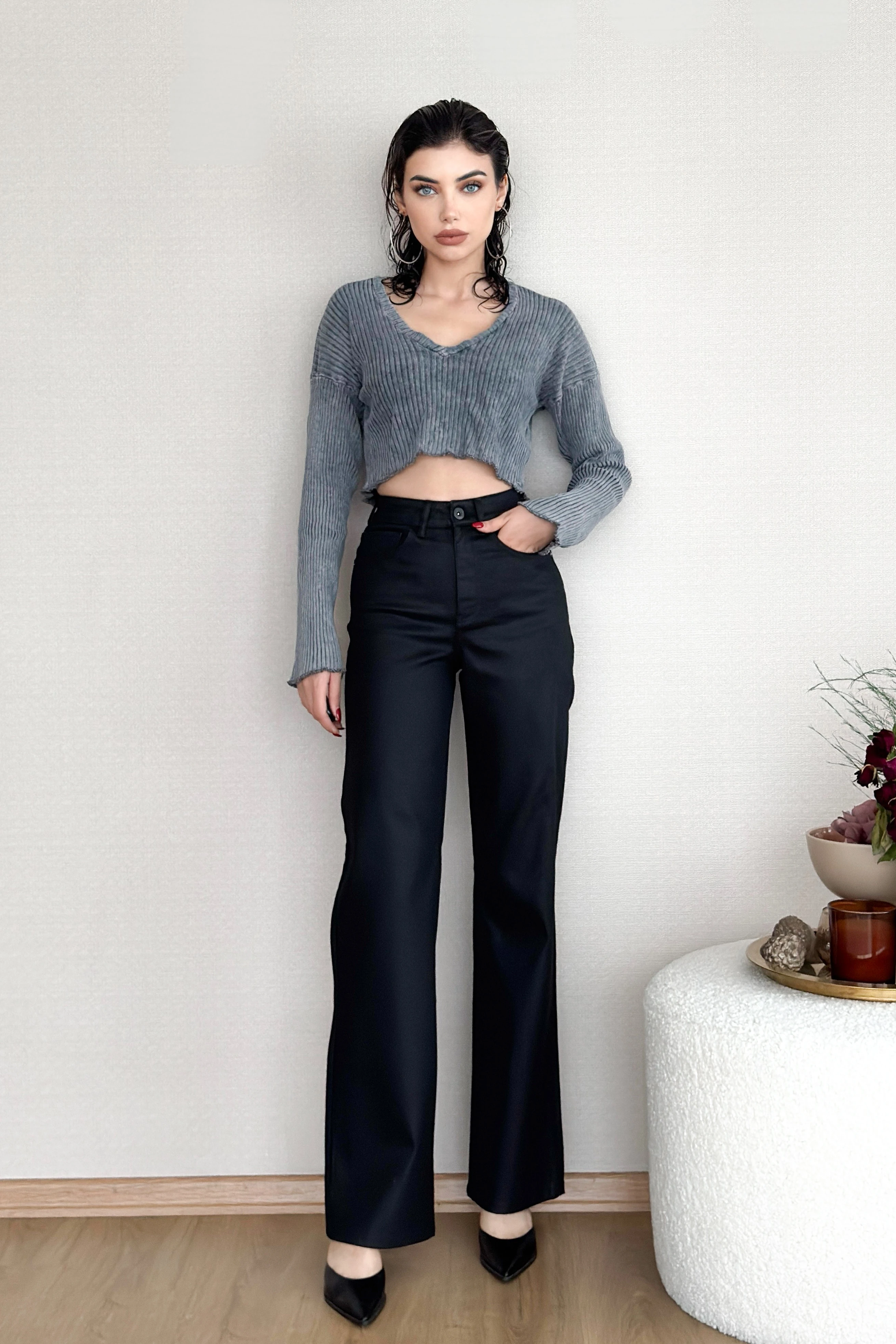 Siyah Kadın Wide Leg Jean Yüksek Bel Palazzo Özel Kumaş Likralı Esnek Kot Pantolon JESSİCA-2037