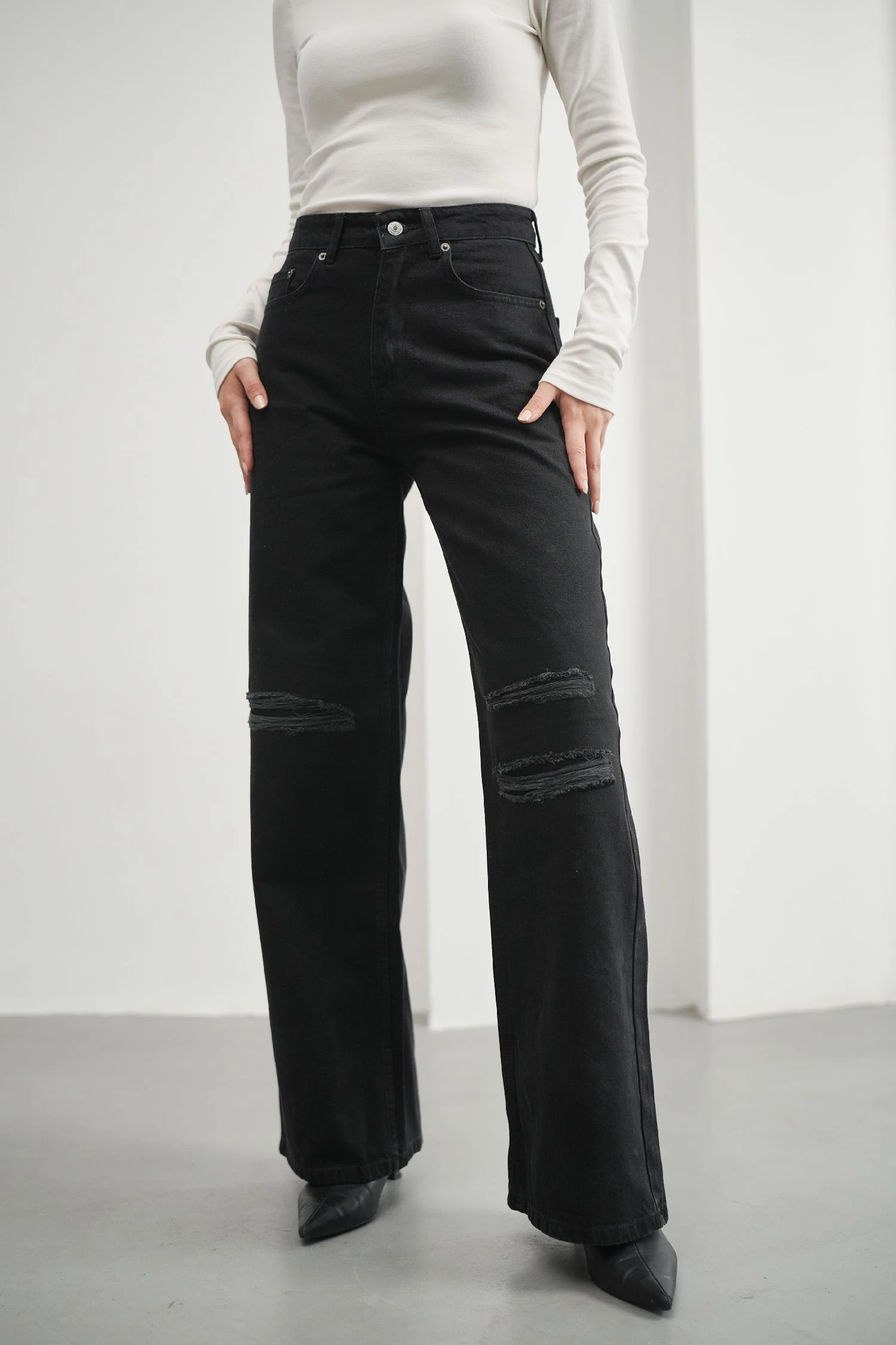 Siyah Kadın Yırtıklı Wide Leg Jean Yüksek Bel Palazzo Likrasız Pamuklu Kot Pantolon JESSİCA-2038