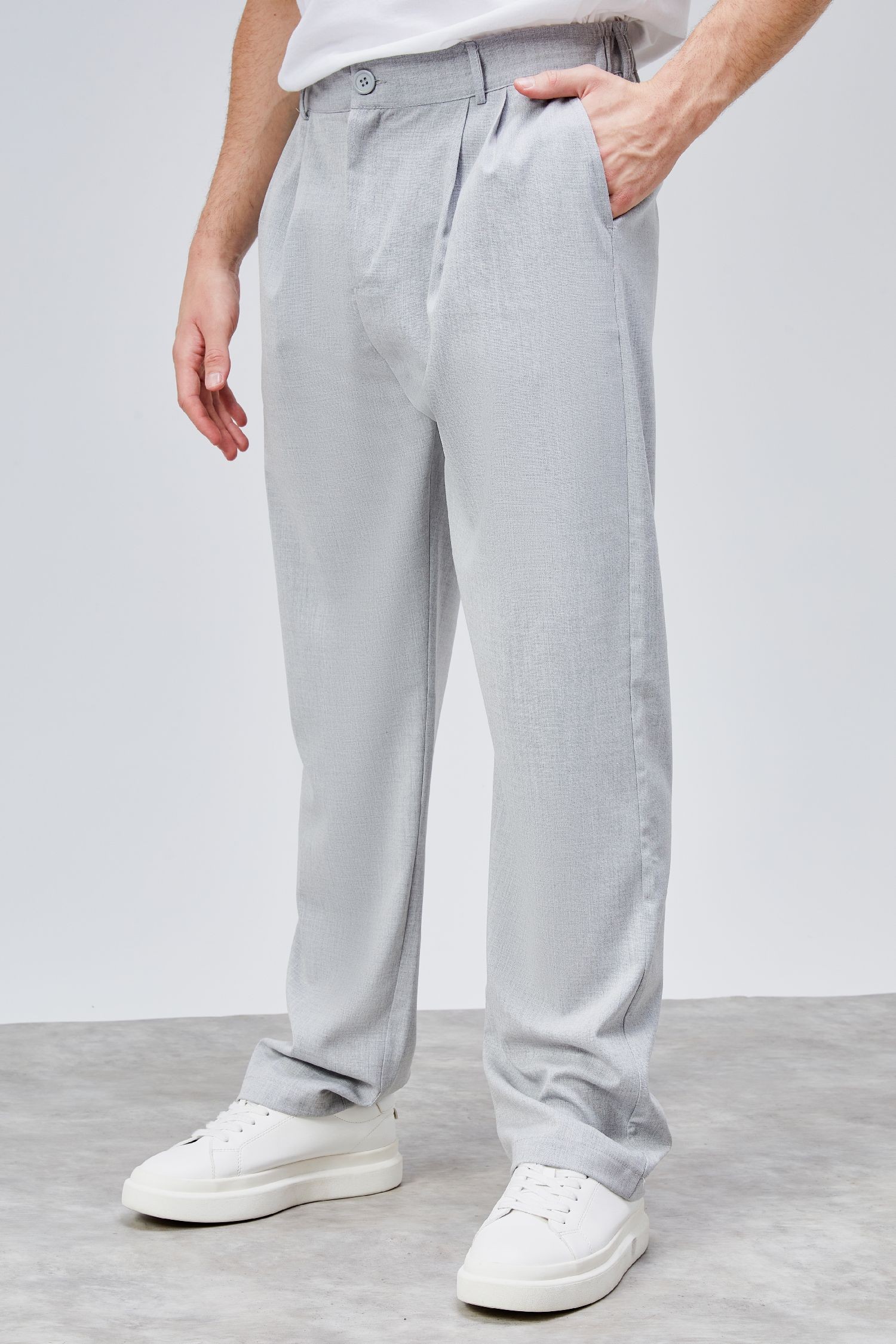 Erkek Gri Çift Pileli Rahat Kesim Beli Lastikli Bol Paça Baggy Pantolon ALBERT-1990