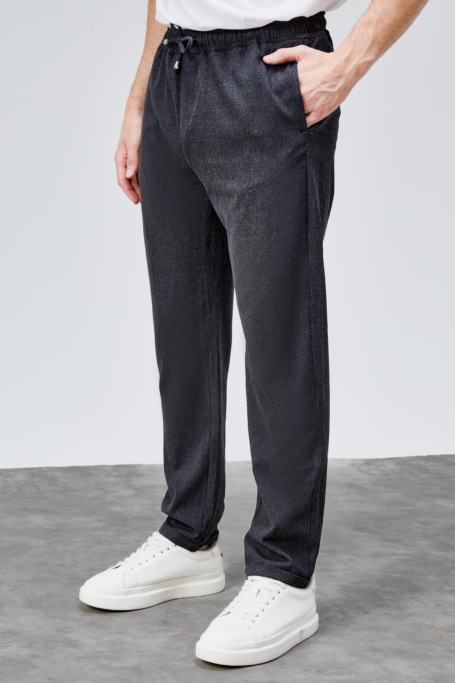 Erkek Antrasit Relaxed Fit Yandan Cepli Beli Lastikli Bağcıklı Duble Paça Jogger Pantolon BOLT-1995