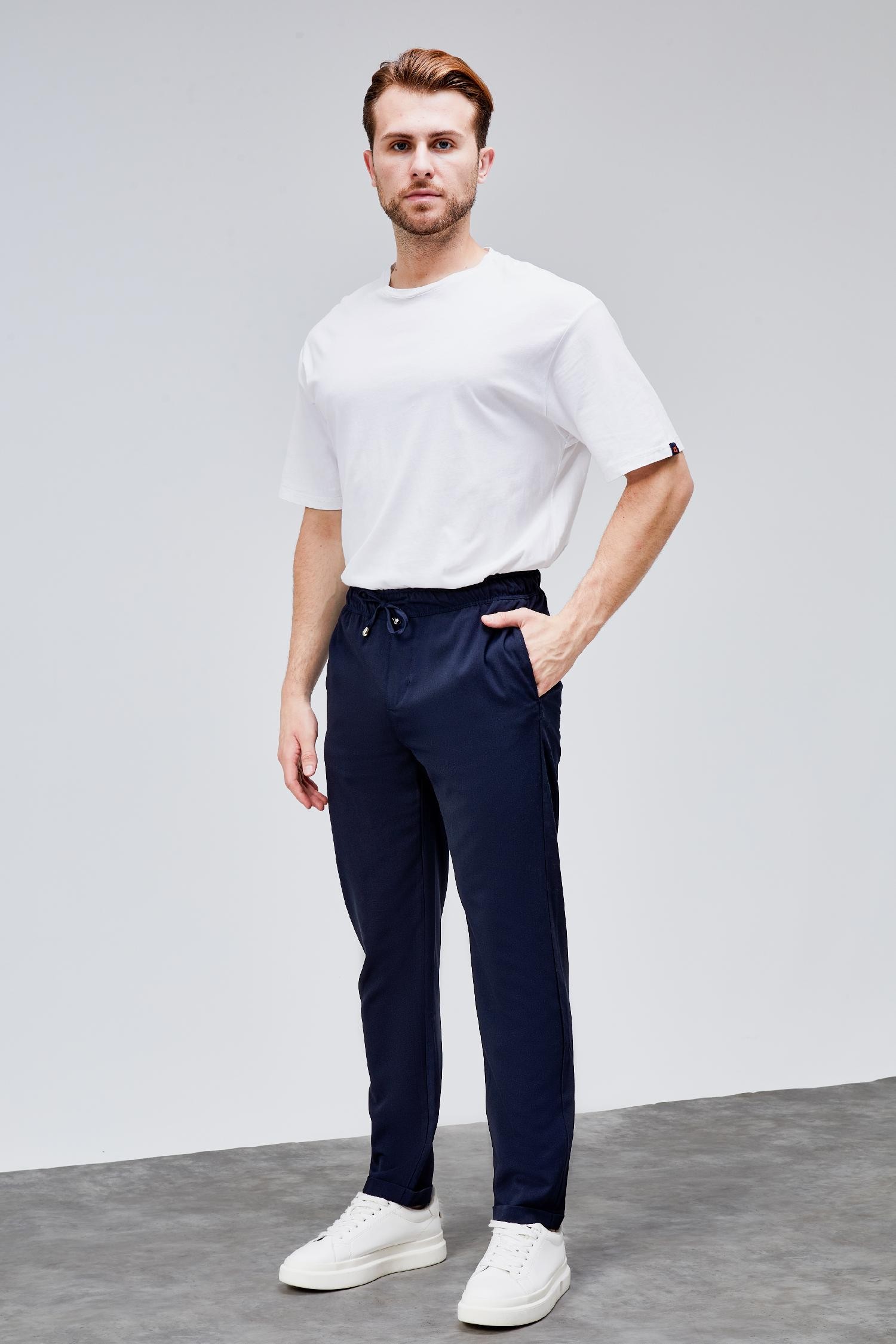 Erkek Lacivert Relaxed Fit Yandan Cepli Beli Lastikli Bağcıklı Duble Paça Jogger Pantolon BOLT-1997
