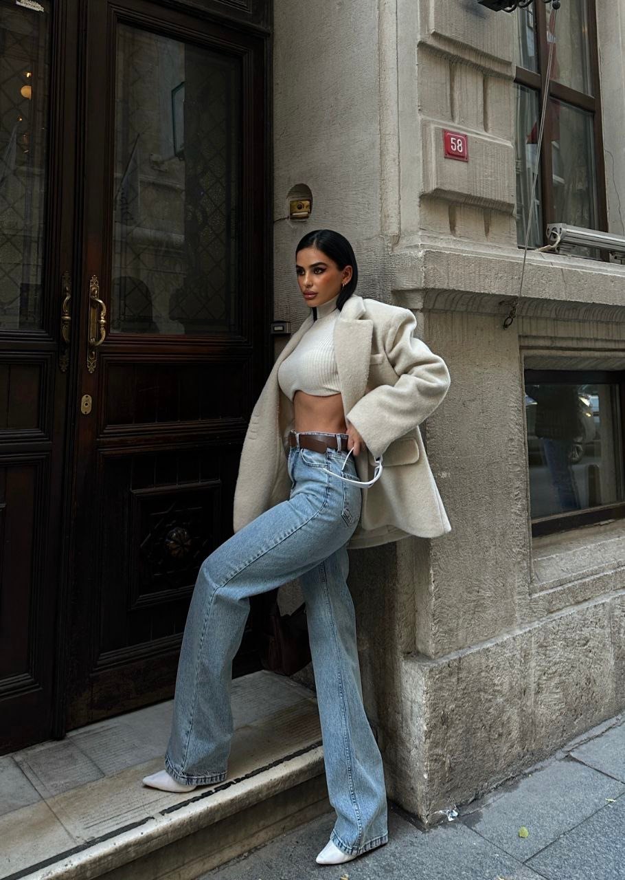 Jessica Wide Leg Likralı Jean Kot Pantolon - Mavi Kar Yıkama