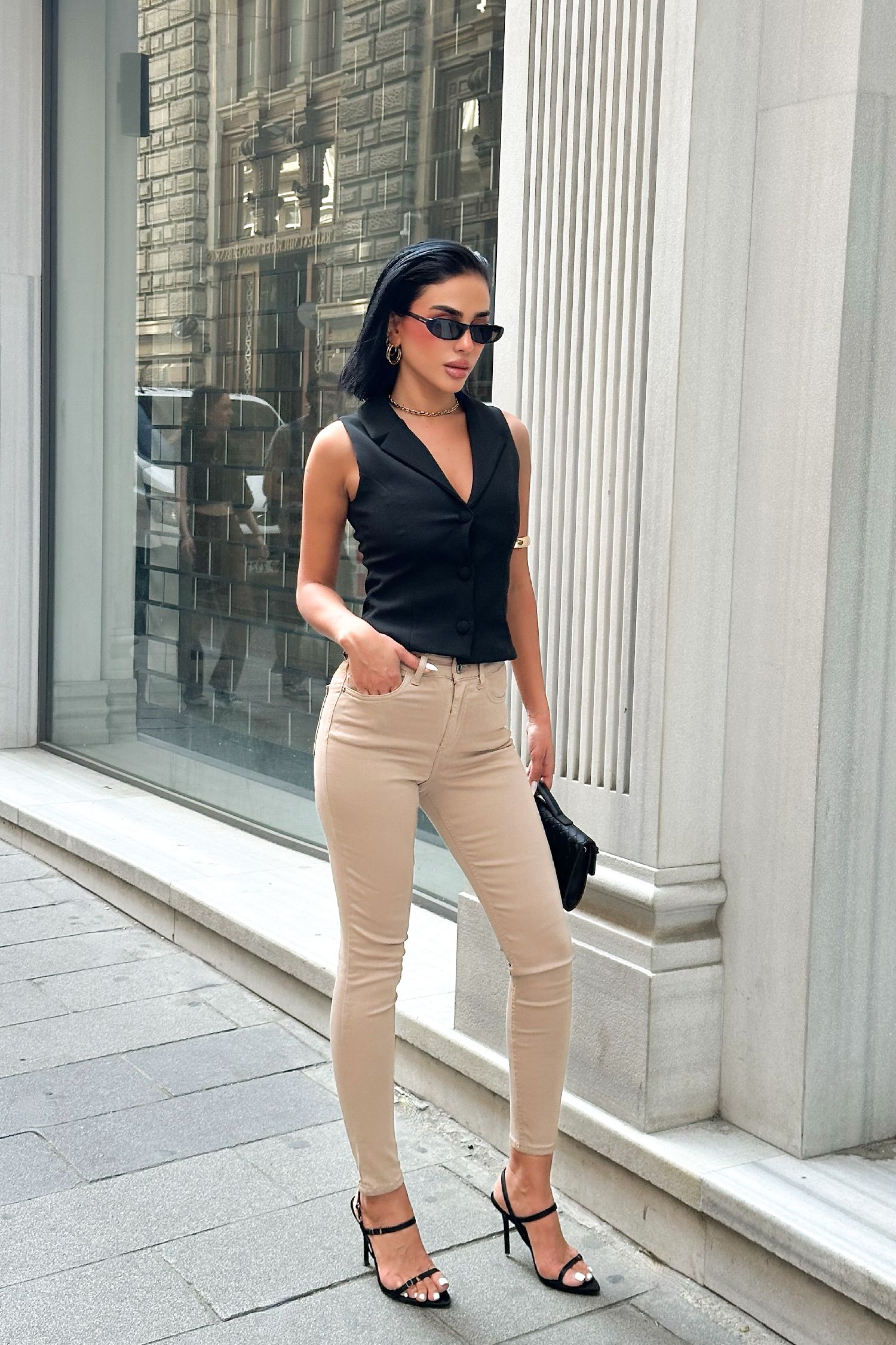 Kadın Bej Süper Skinny Fit Esnek Likralı Yüksek Bel Jean Kot Pantolon JENNİE-2005