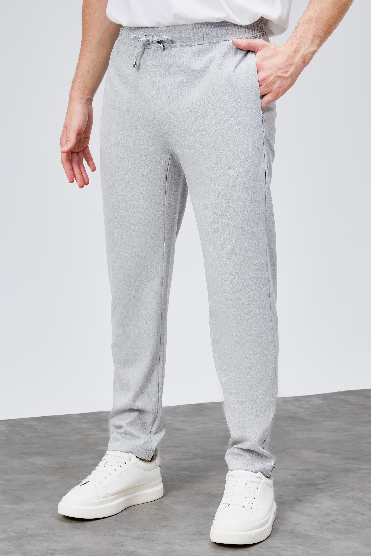 Erkek Gri Relaxed Fit Yandan Cepli Beli Lastikli Bağcıklı Duble Paça Jogger Pantolon BOLT-1998