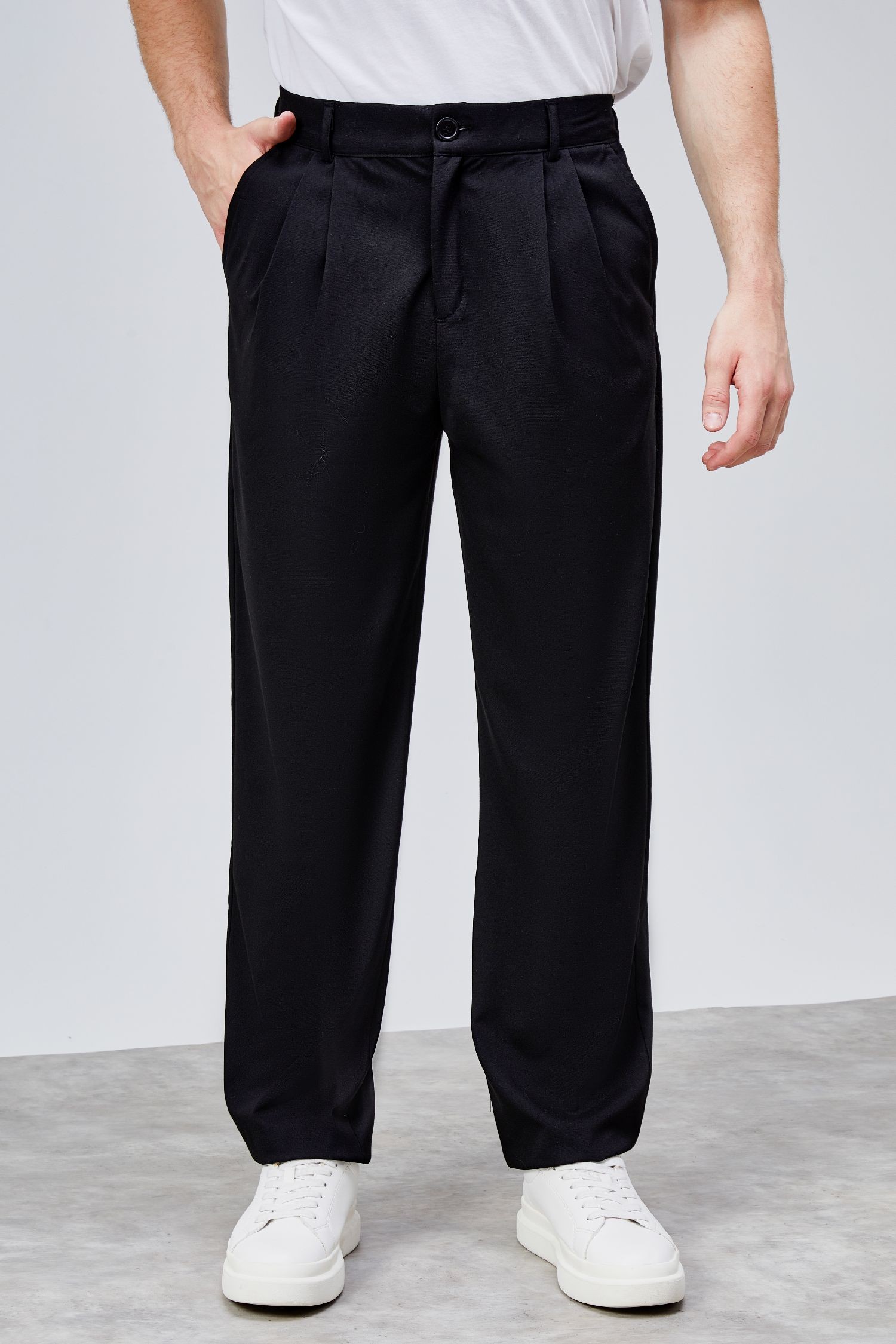 Erkek Siyah Çift Pileli Rahat Kesim Beli Lastikli Bol Paça Baggy Pantolon ALBERT-1988