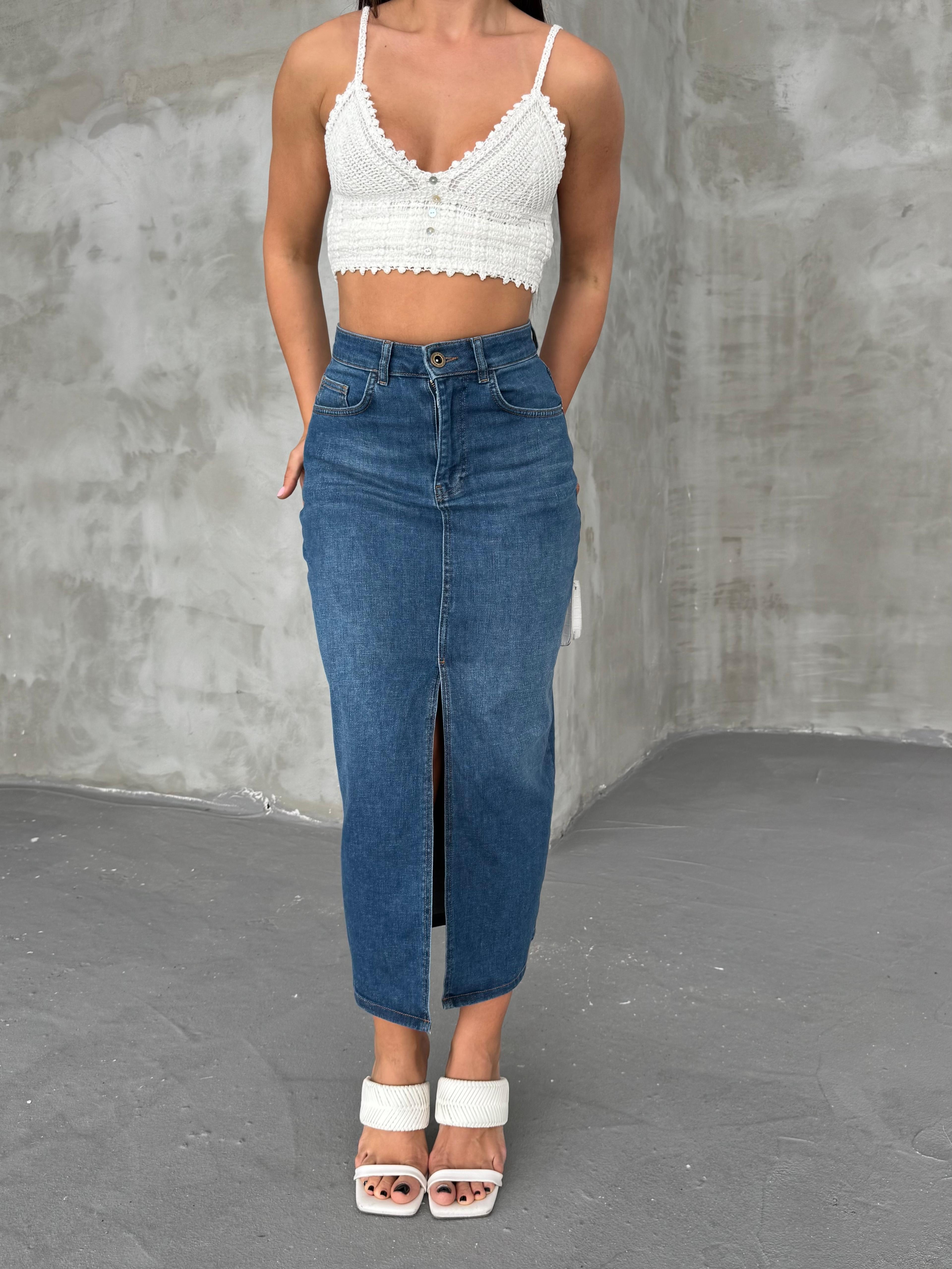 Açık Mavi Kadın Regular Fit Yüksek Bel Uzun Maxi Boy Denim Kot Etek MERRY-4092