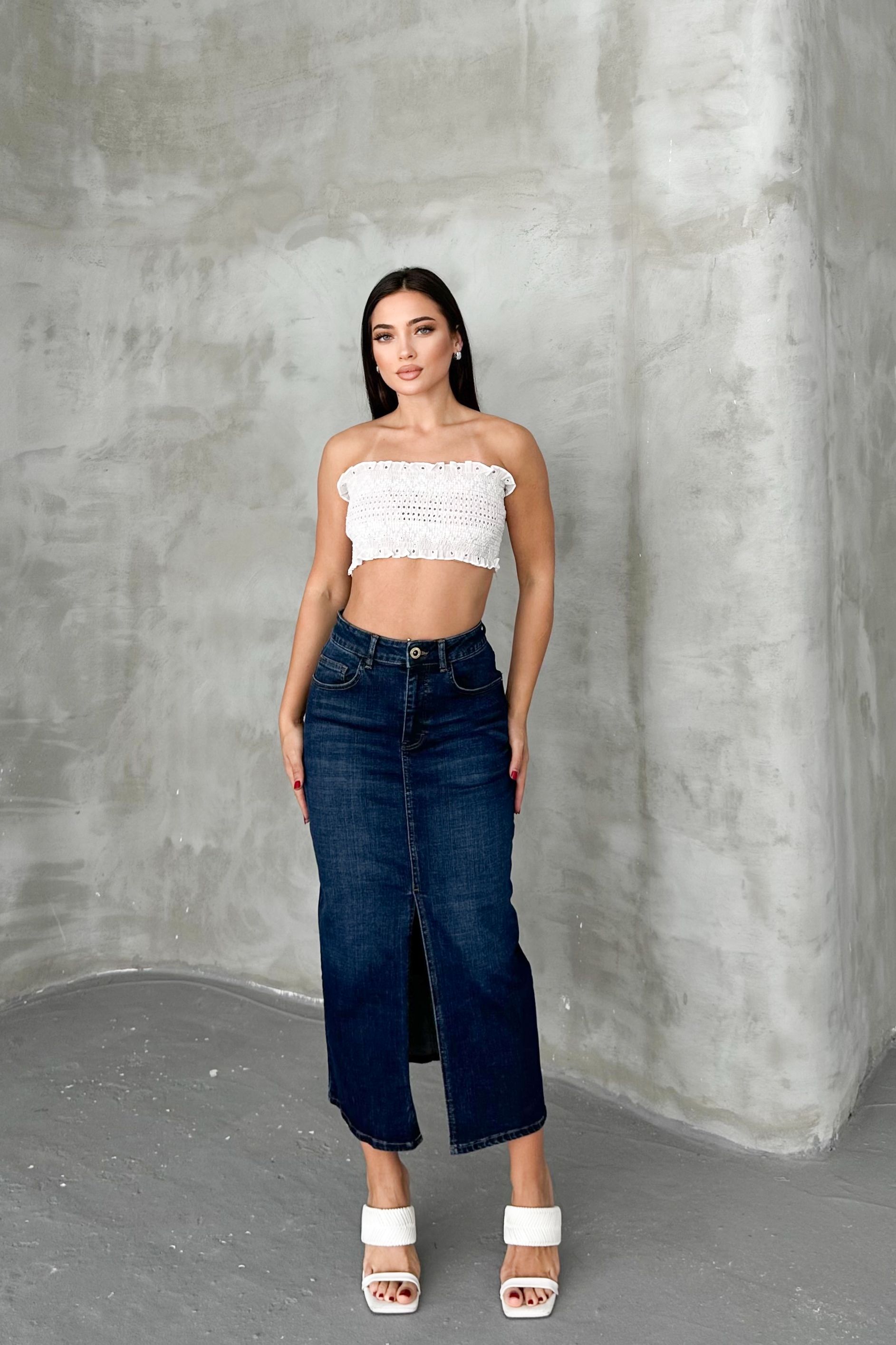 Koyu Mavi Kadın Regular Fit Yüksek Bel Uzun Maxi Boy Denim Kot Etek MERRY-4095