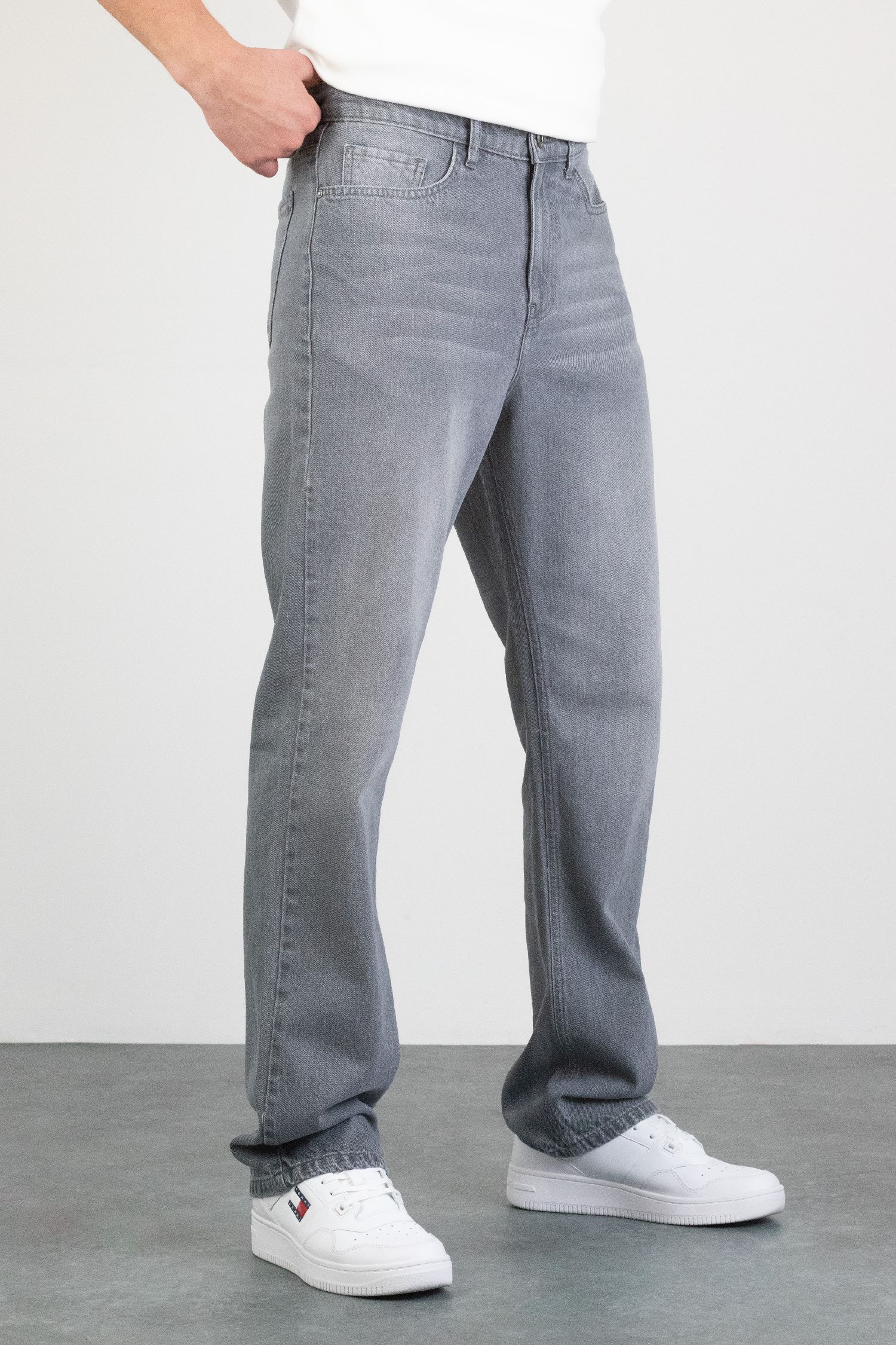 Erkek Gri Straight Baggy Fit Likrasız Rahat Kesim %100 Pamuk Loose Jean Pantolon HECTOR