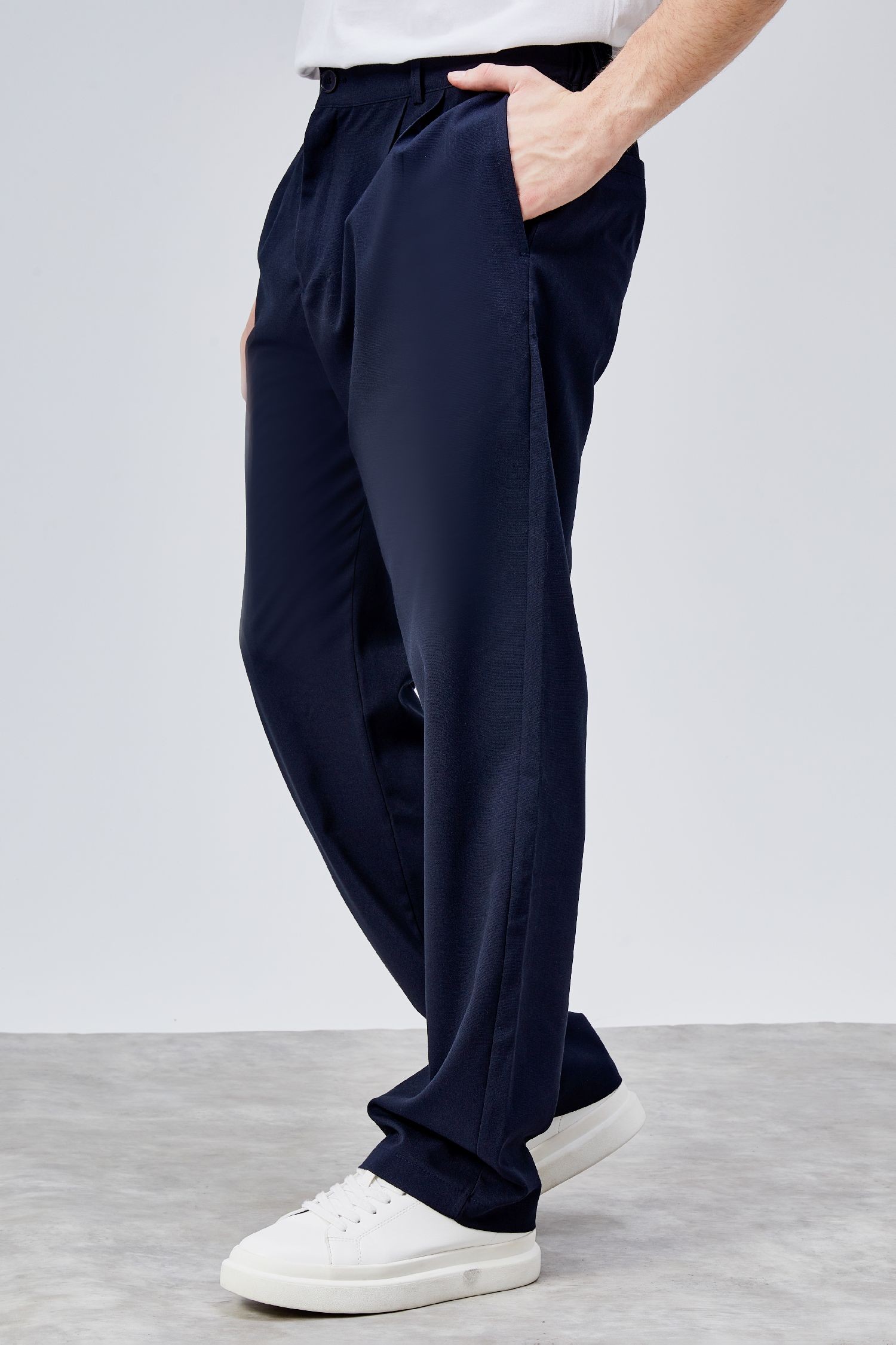 Erkek Lacivert Çift Pileli Rahat Kesim Beli Lastikli Bol Paça Baggy Pantolon ALBERT-1989