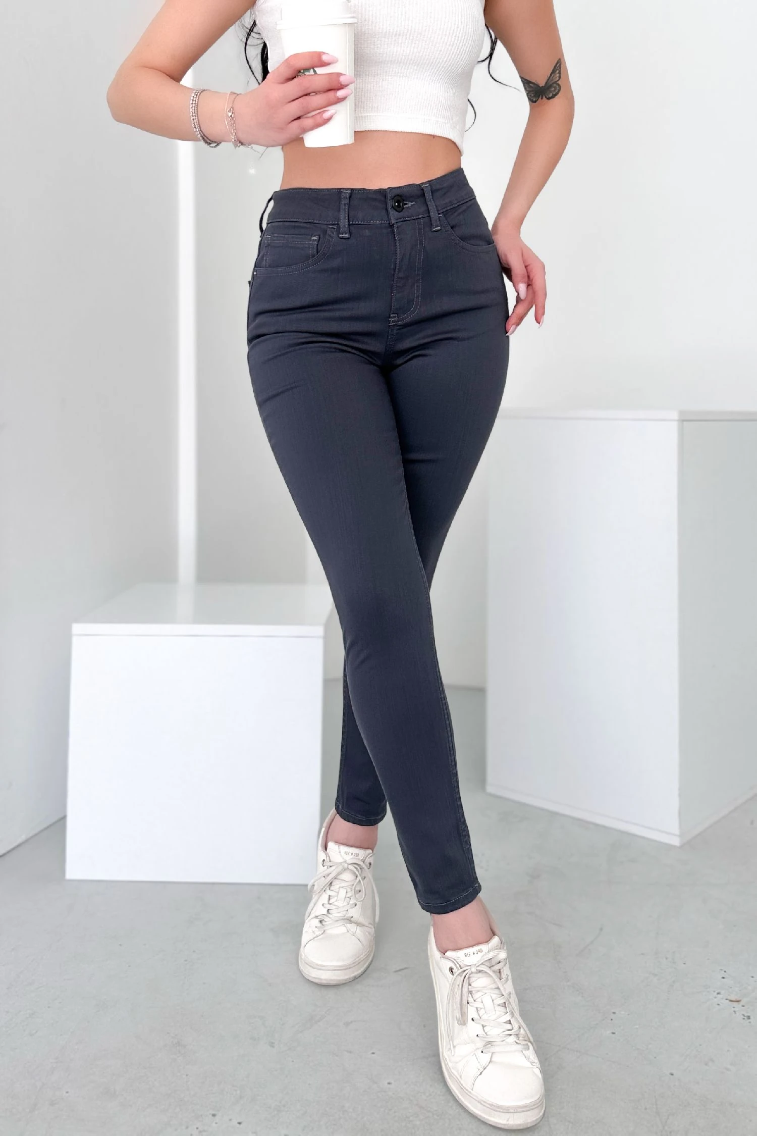 Kadın Koyu Gri Süper Skinny Fit Esnek Likralı Yüksek Bel Jean Kot Pantolon JENNİE-2012