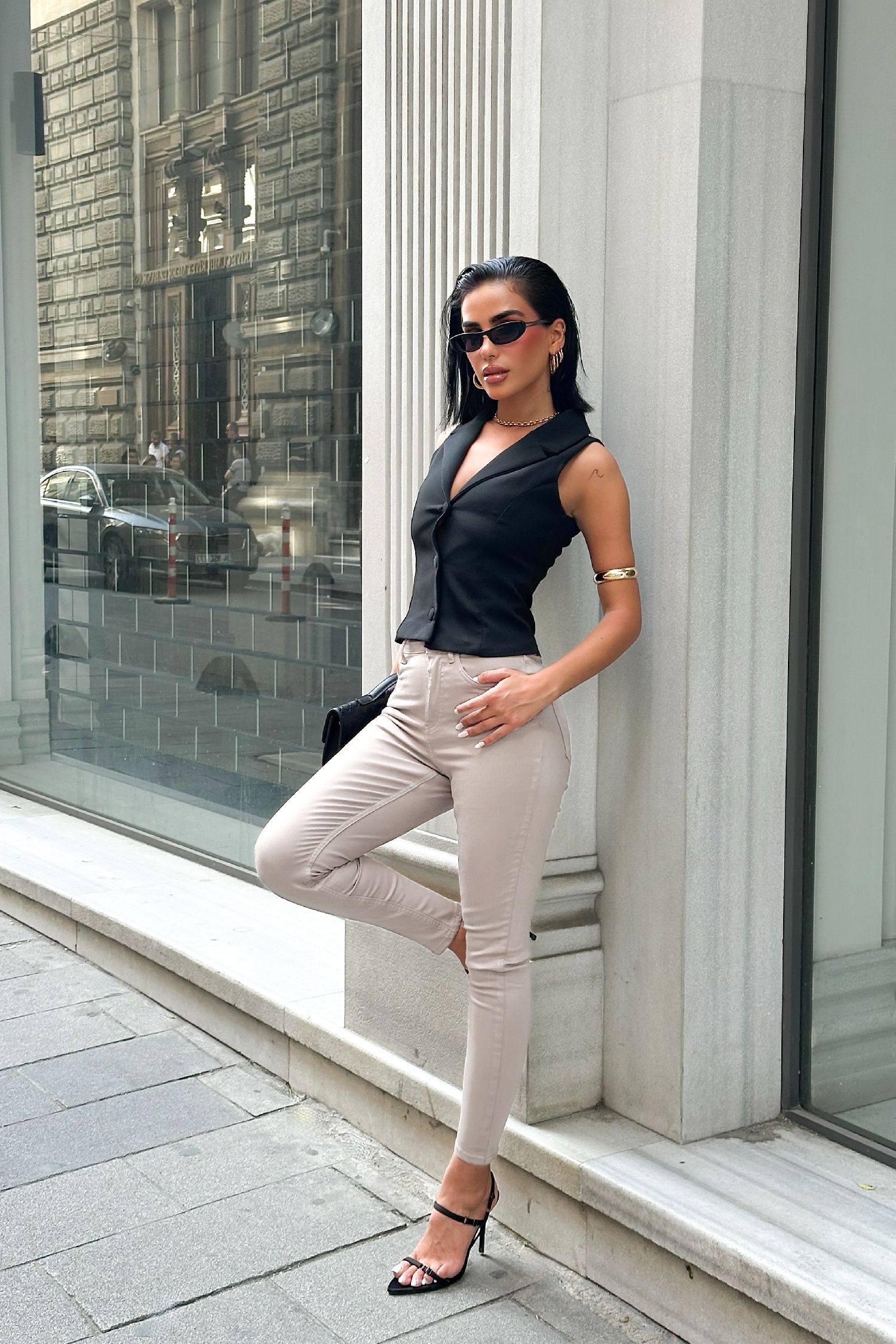 Kadın Krem Süper Skinny Fit Esnek Likralı Yüksek Bel Denim Jean Kot Pantolon JENNİE-2003