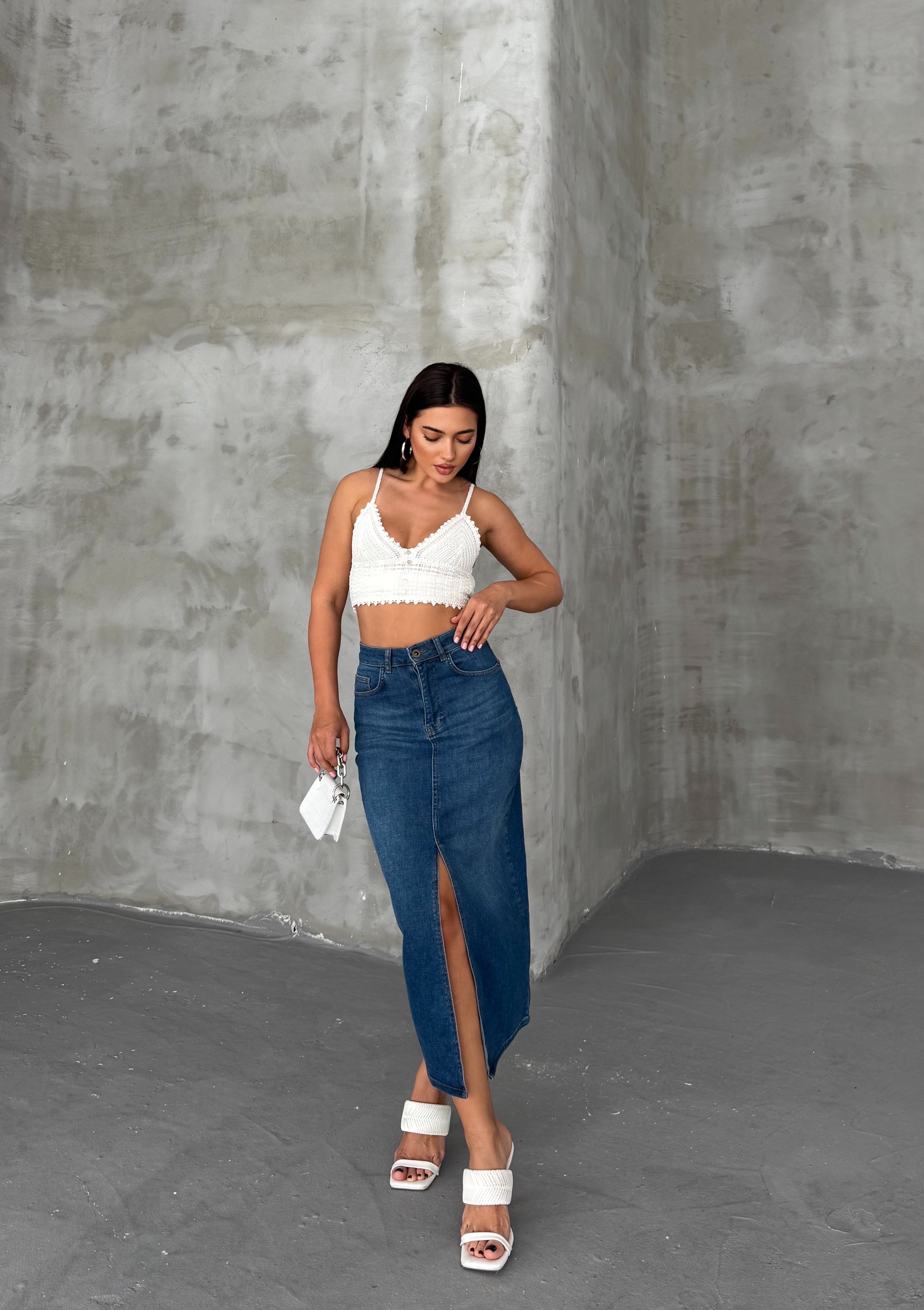 Açık Mavi Kadın Regular Fit Yüksek Bel Uzun Maxi Boy Denim Kot Etek MERRY-4092
