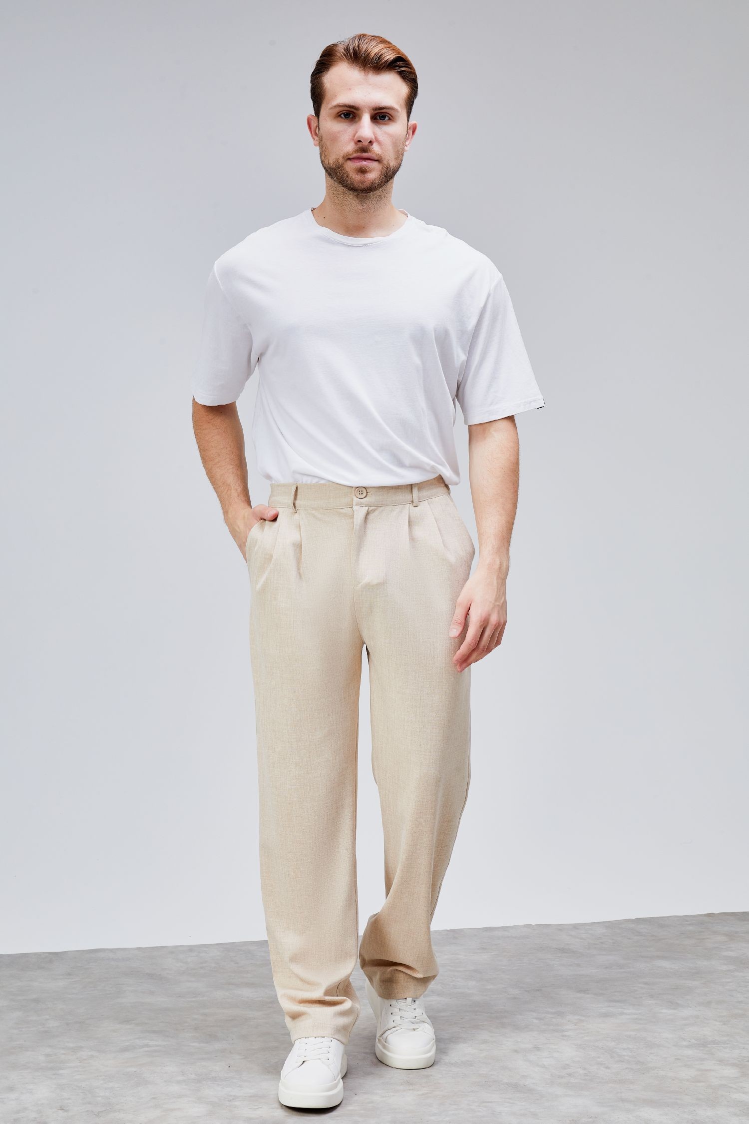 Erkek Bej Çift Pileli Rahat Kesim Beli Lastikli Bol Paça Baggy Pantolon ALBERT-1991