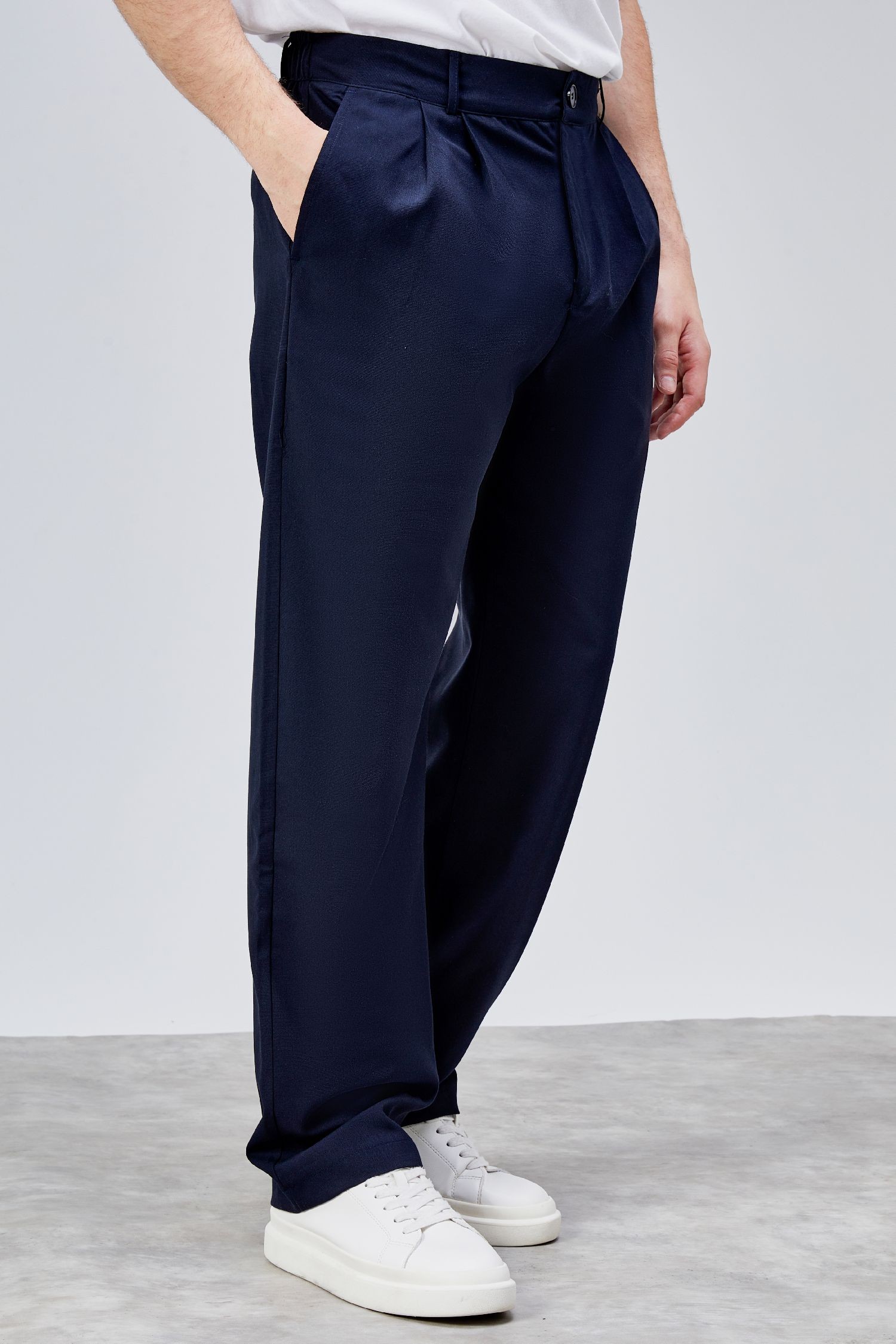 Erkek Lacivert Çift Pileli Rahat Kesim Beli Lastikli Bol Paça Baggy Pantolon ALBERT-1989