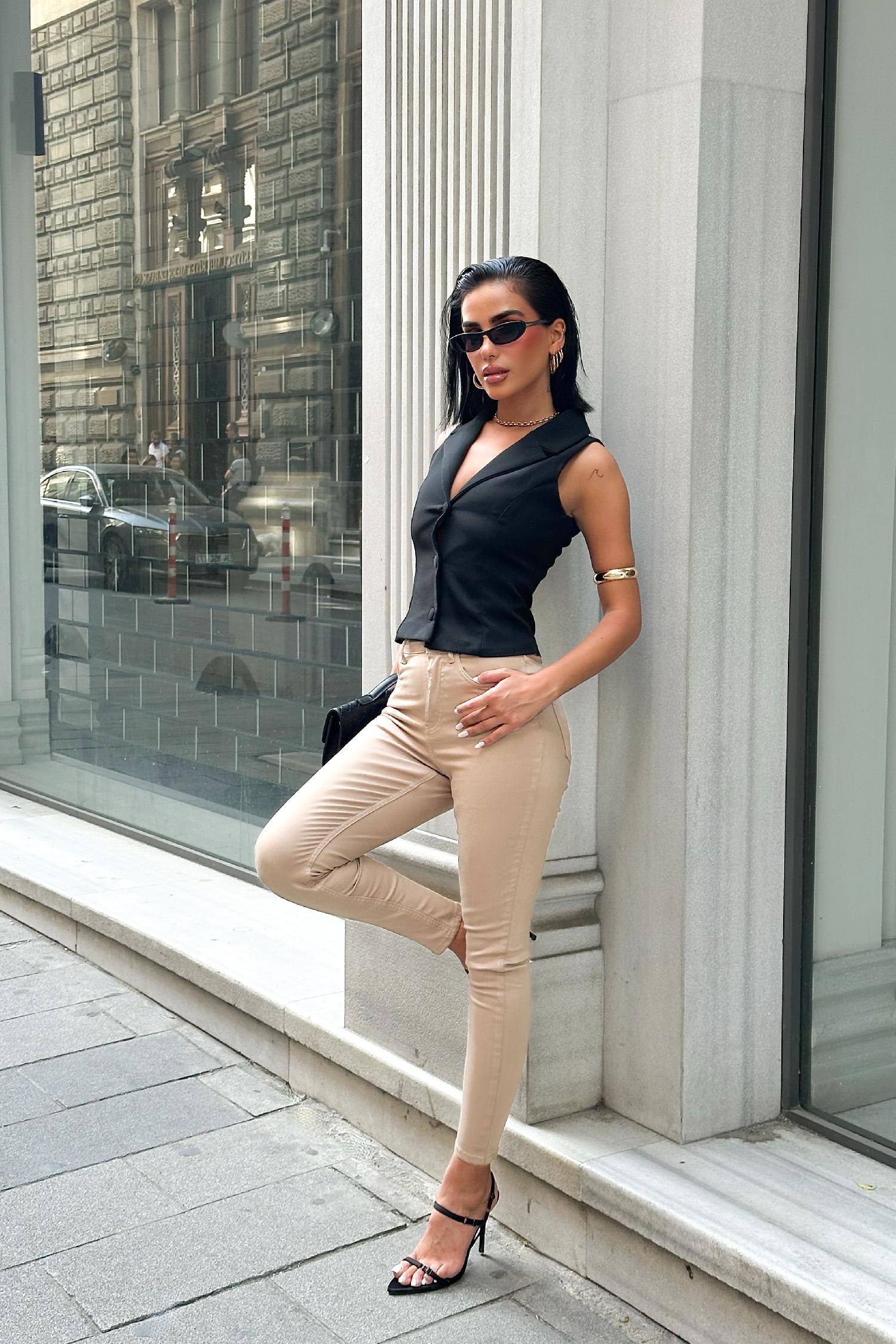 Kadın Bej Süper Skinny Fit Esnek Likralı Yüksek Bel Jean Kot Pantolon JENNİE-2005