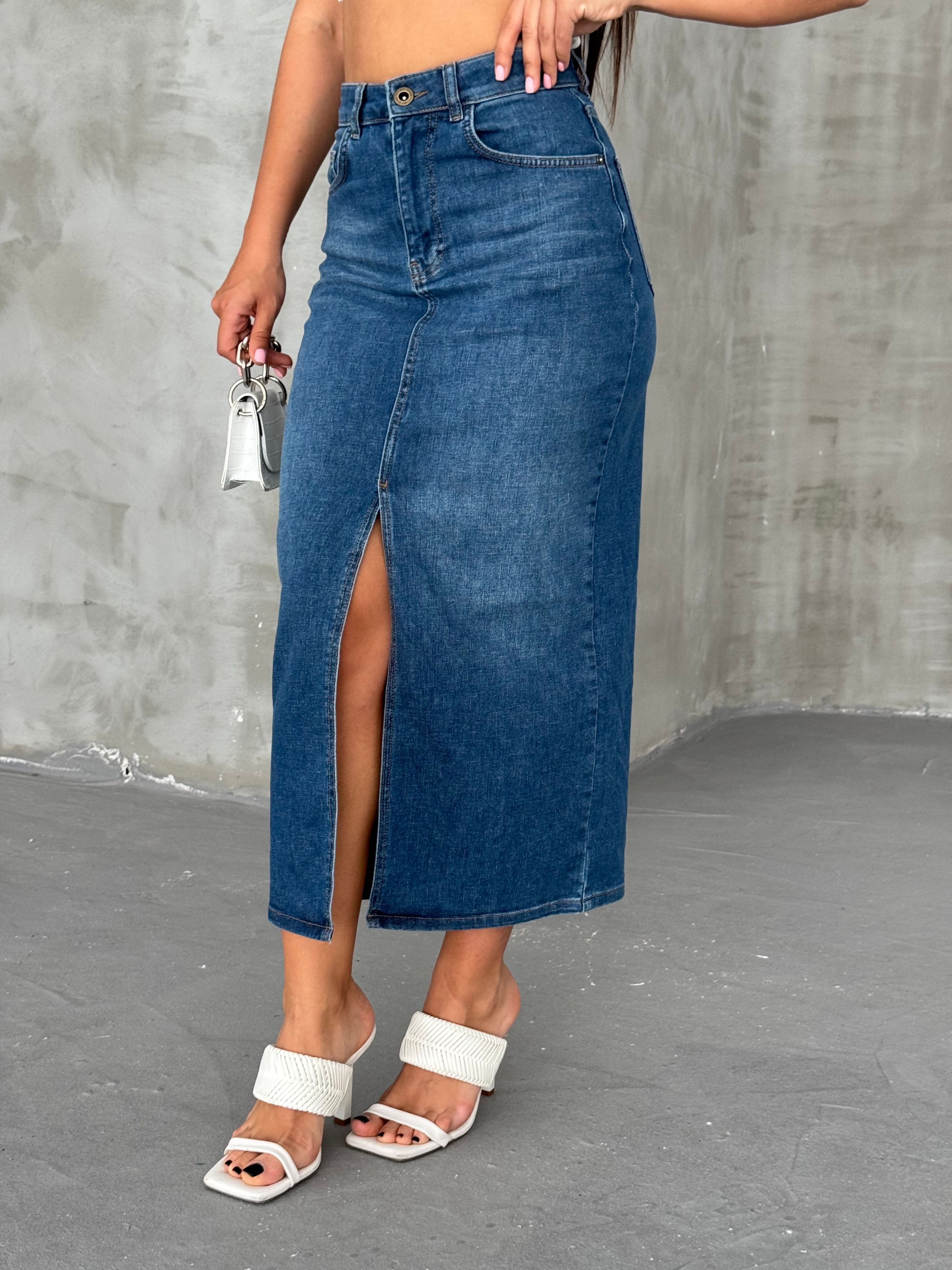 Açık Mavi Kadın Regular Fit Yüksek Bel Uzun Maxi Boy Denim Kot Etek MERRY-4092