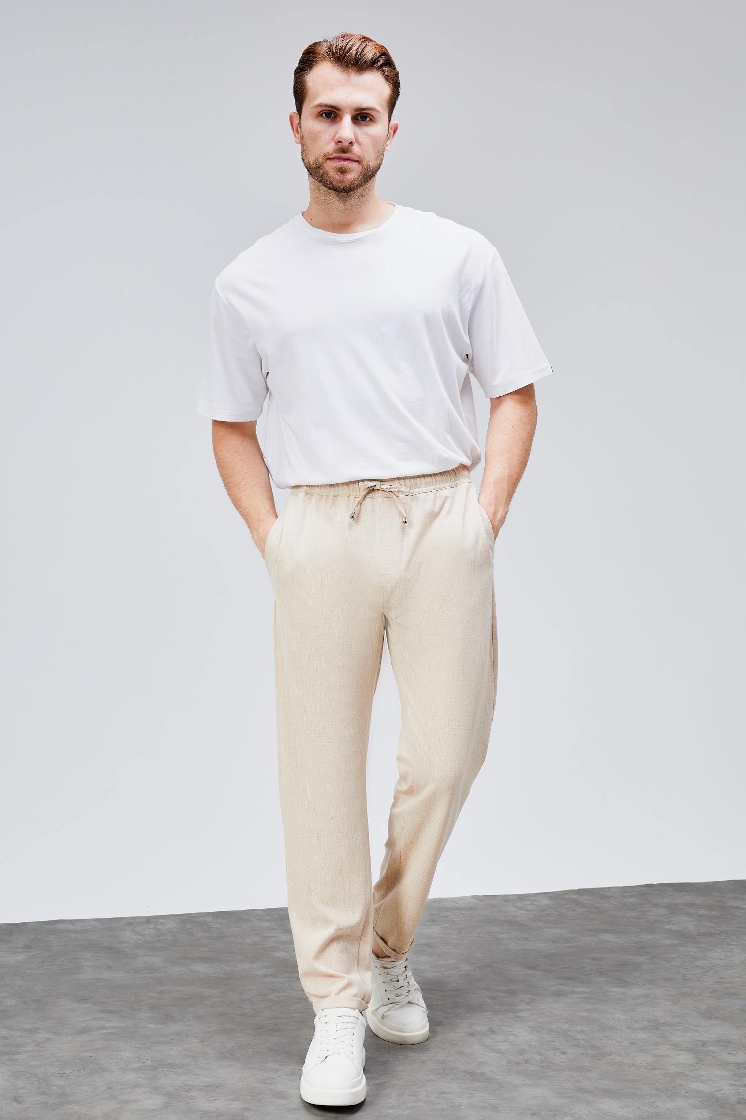 Erkek Bej Relaxed Fit Yandan Cepli Beli Lastikli Bağcıklı Duble Paça Jogger Pantolon BOLT-1999