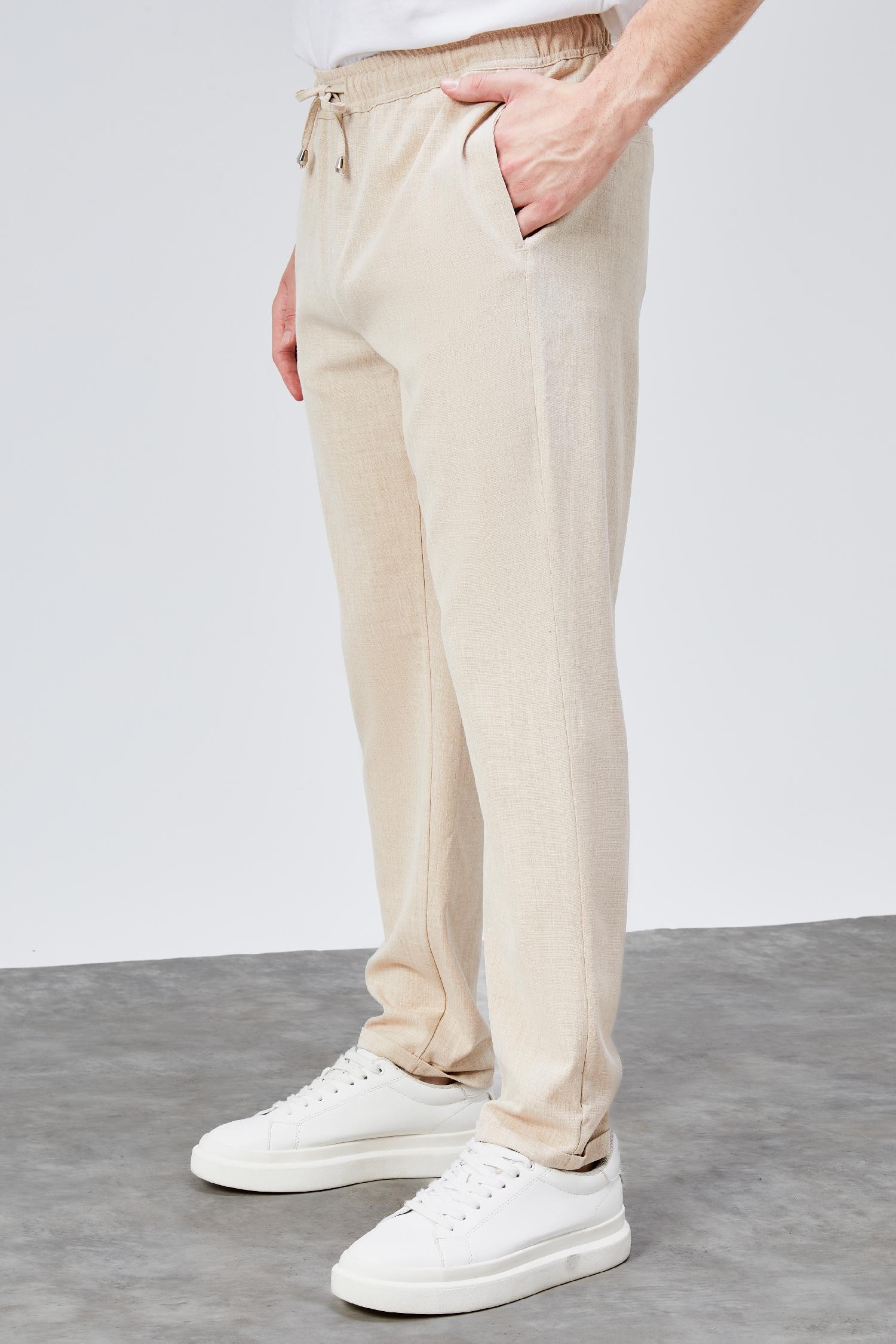 Erkek Bej Relaxed Fit Yandan Cepli Beli Lastikli Bağcıklı Duble Paça Jogger Pantolon BOLT-1999