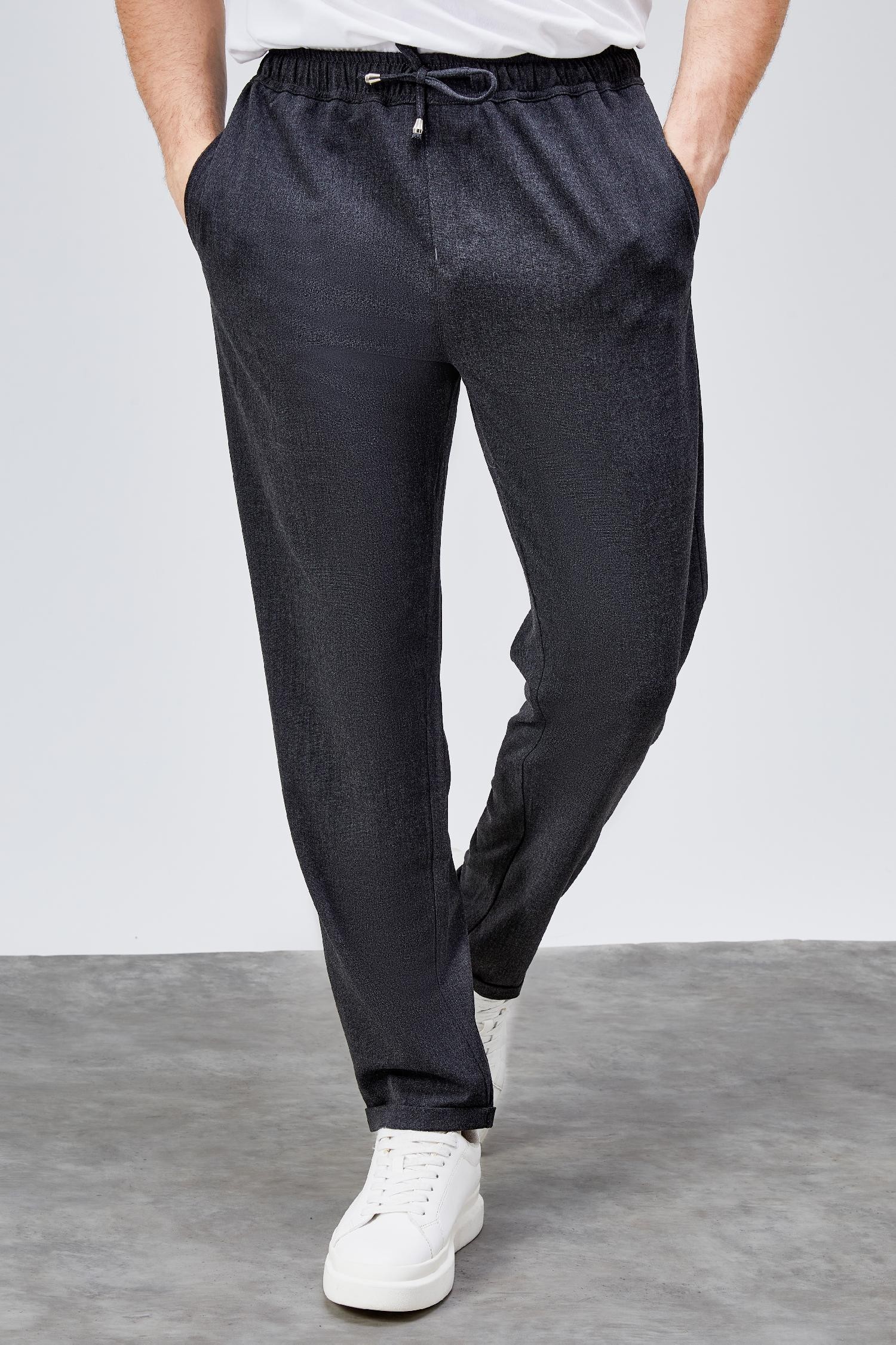 Erkek Antrasit Relaxed Fit Yandan Cepli Beli Lastikli Bağcıklı Duble Paça Jogger Pantolon BOLT-1995