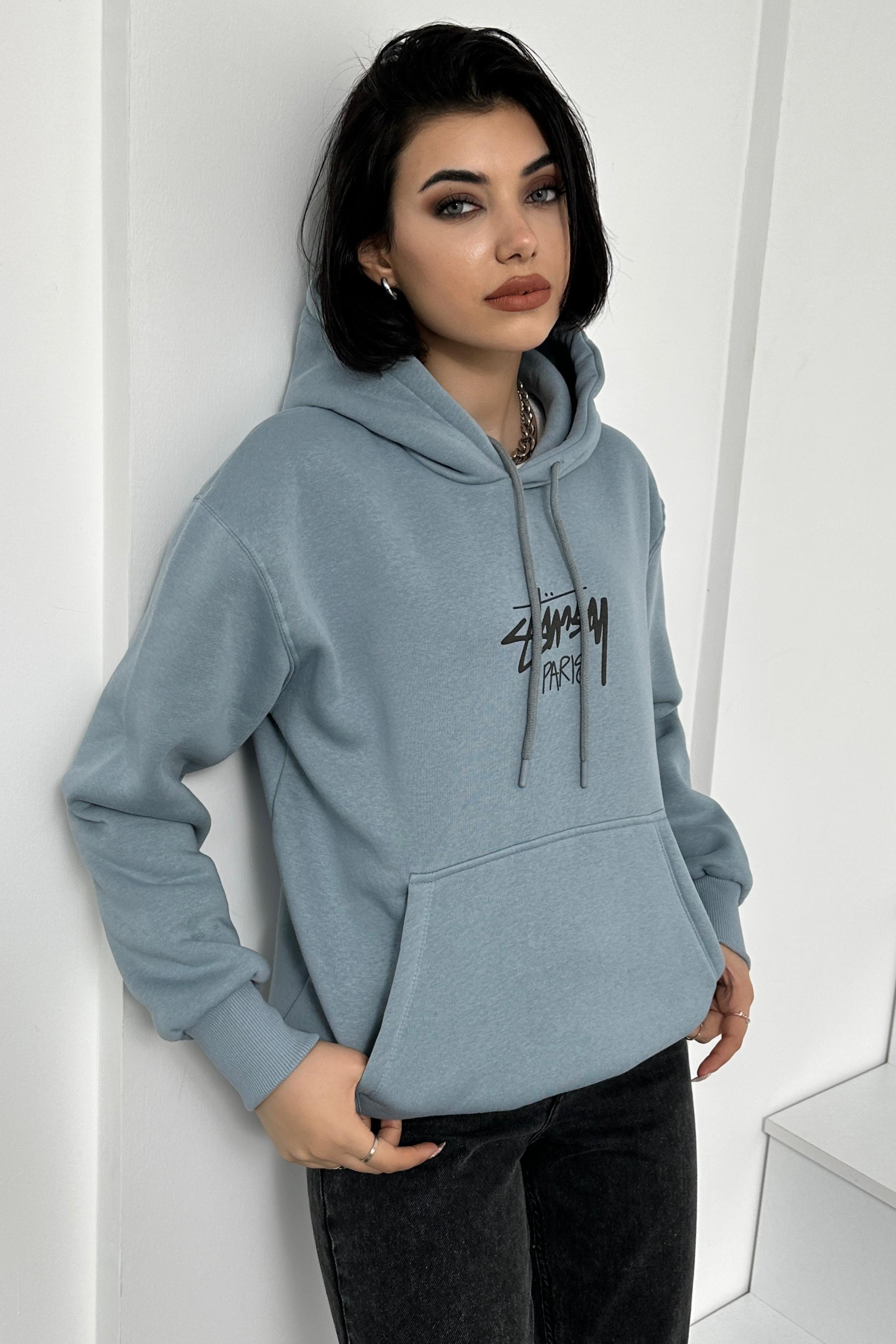 Baskılı Hoodie - Mavi