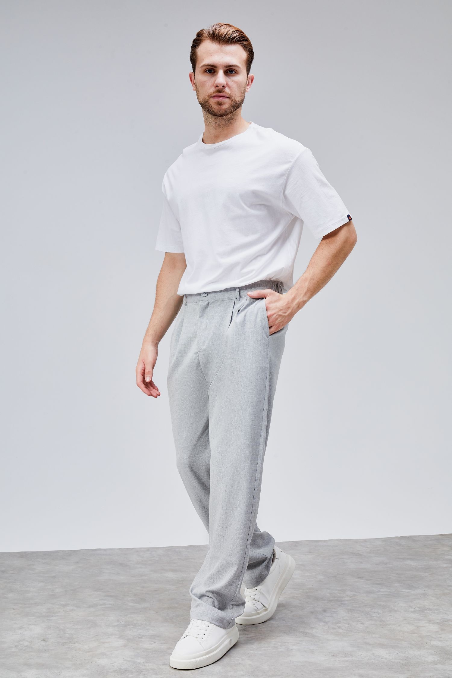 Erkek Gri Çift Pileli Rahat Kesim Beli Lastikli Bol Paça Baggy Pantolon ALBERT-1990