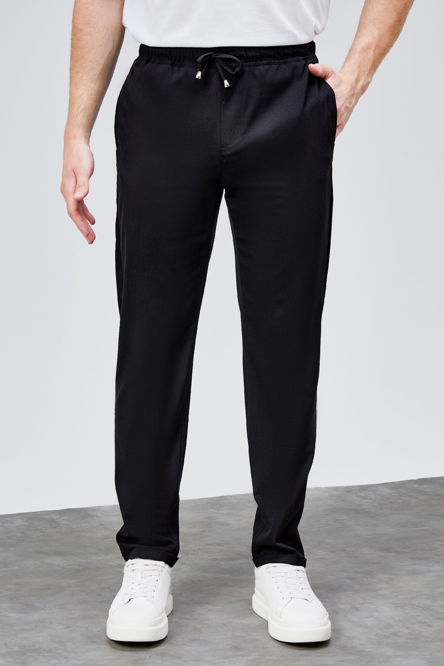 Erkek Siyah Relaxed Fit Yandan Cepli Beli Lastikli Bağcıklı Duble Paça Jogger Pantolon BOLT-1996