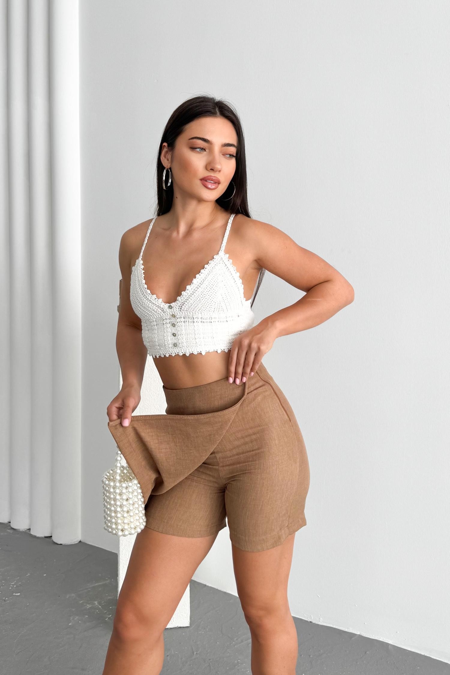 Kahverengi Kadın Slim Yandan Fermuarlı Yüksek Bel Kısa Keten Şort Etek MİA-4555