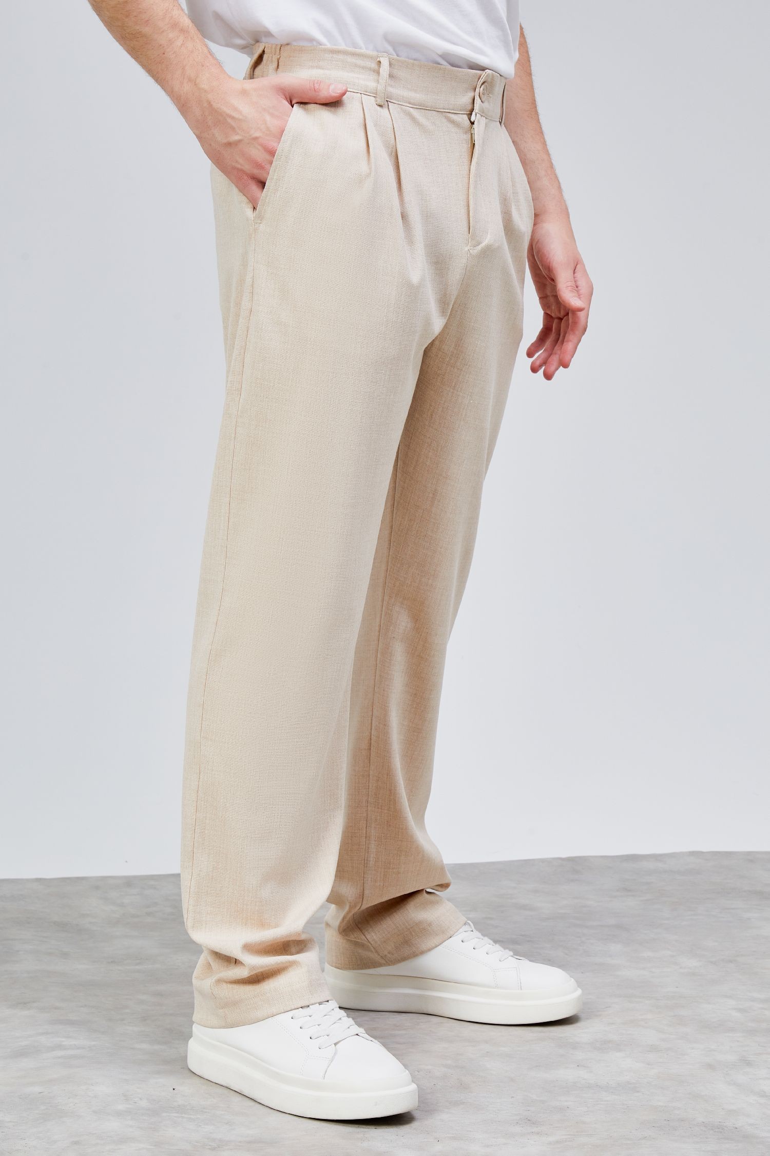Erkek Bej Çift Pileli Rahat Kesim Beli Lastikli Bol Paça Baggy Pantolon ALBERT-1991