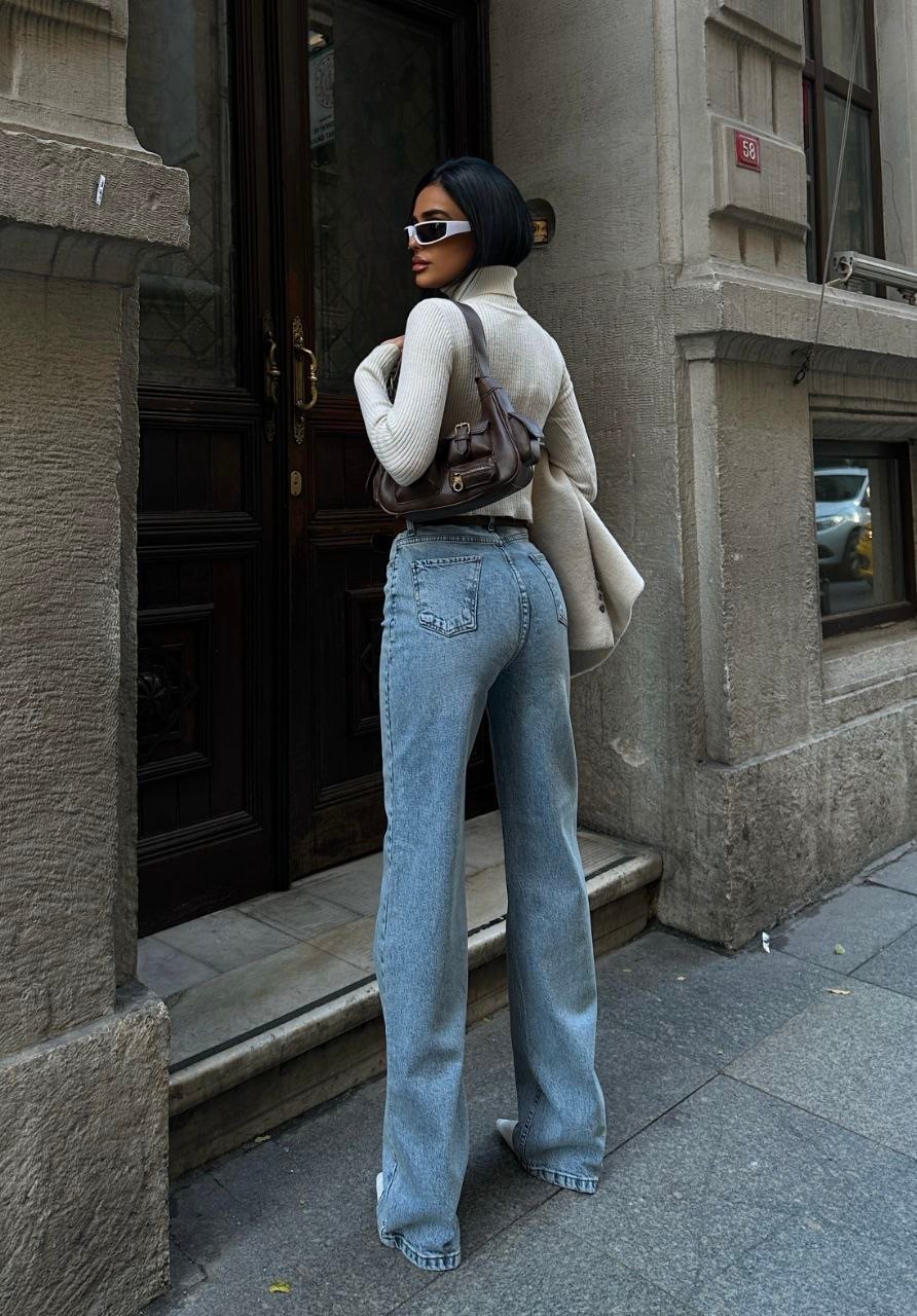 Jessica Wide Leg Likralı Jean Kot Pantolon - Mavi Kar Yıkama