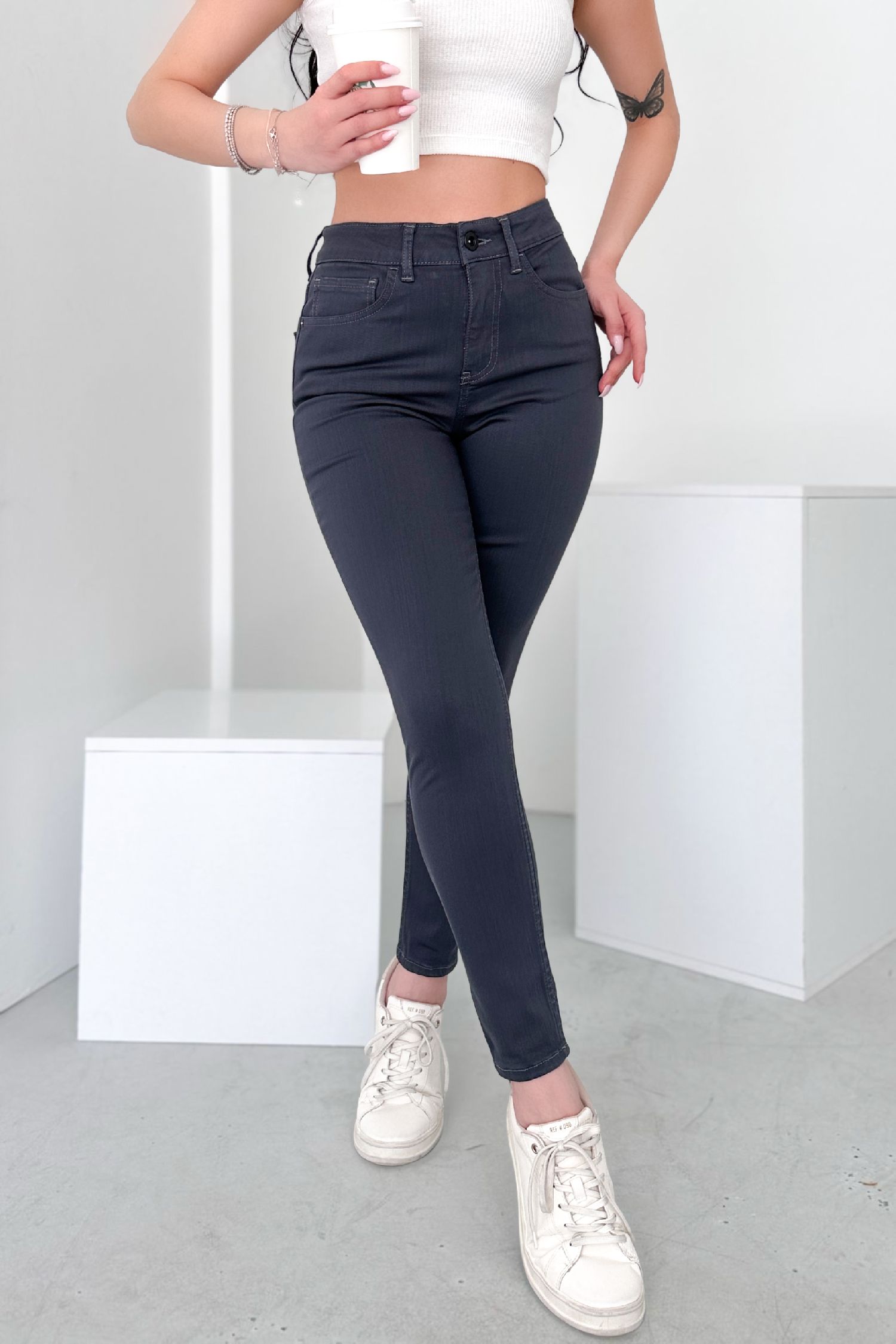 Kadın Koyu Gri Süper Skinny Fit Esnek Likralı Yüksek Bel Jean Kot Pantolon JENNİE-2012