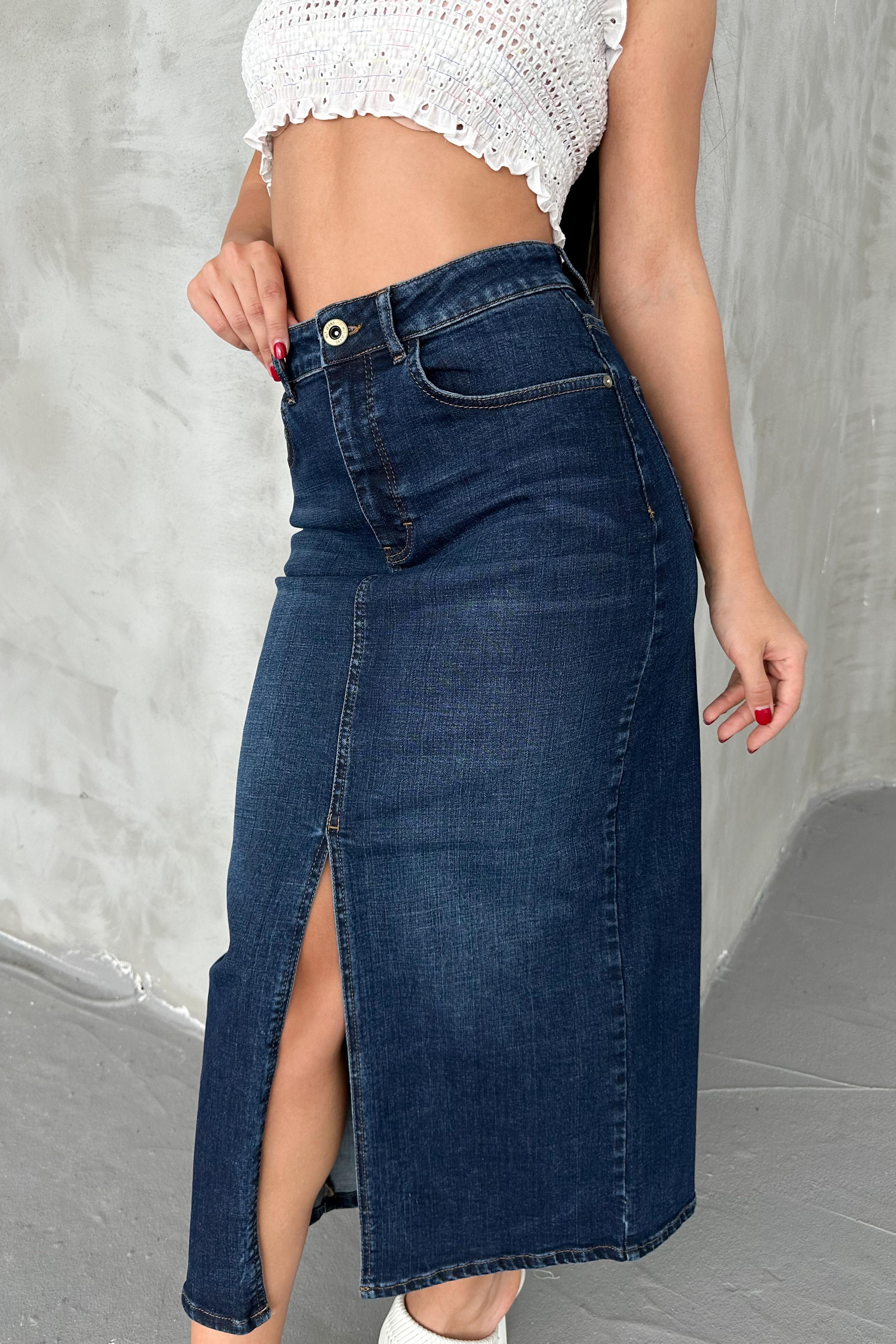 Koyu Mavi Kadın Regular Fit Yüksek Bel Uzun Maxi Boy Denim Kot Etek MERRY-4095