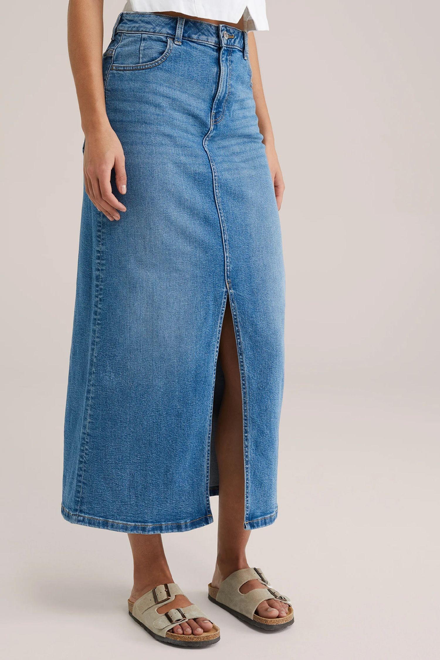 Açık Mavi Kadın Regular Fit Yüksek Bel Uzun Maxi Boy Denim Kot Etek MERRY-4092