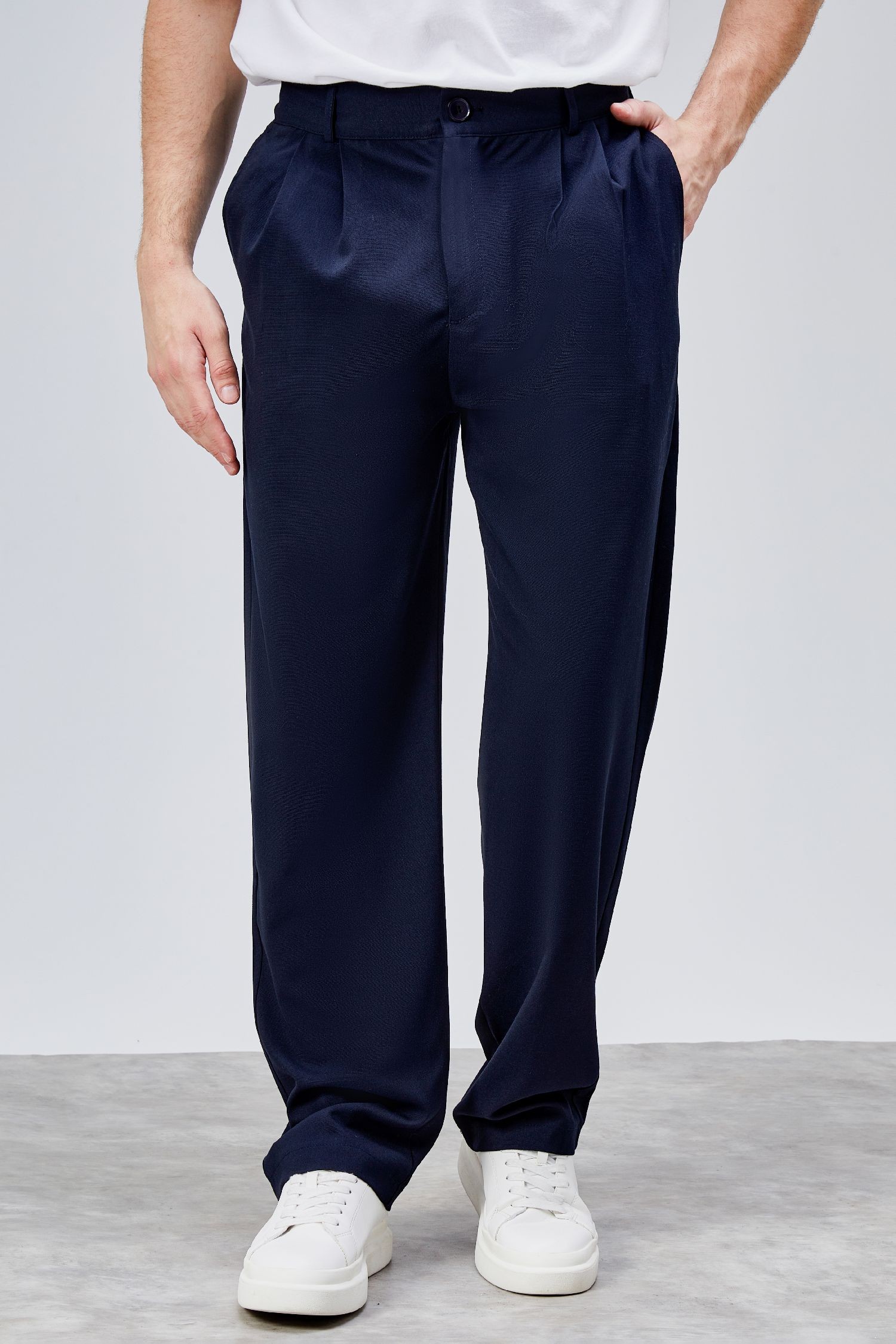 Erkek Lacivert Çift Pileli Rahat Kesim Beli Lastikli Bol Paça Baggy Pantolon ALBERT-1989