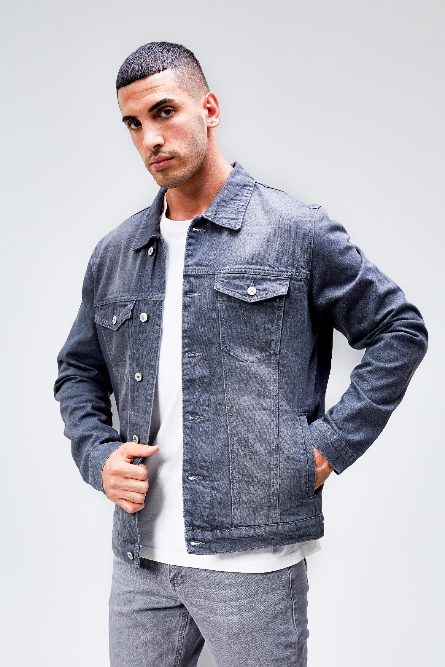 Erkek Gri Jean Denim Standart Kalıp %100 Pamuk Cepli Düğmeli Kot Ceket HLTHE042153