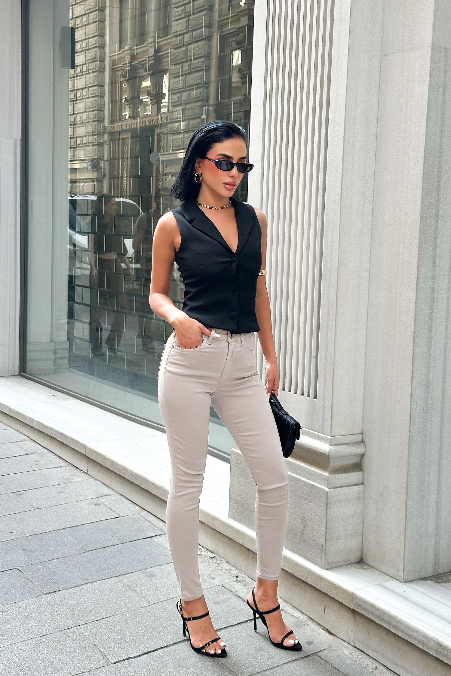 Kadın Krem Süper Skinny Fit Esnek Likralı Yüksek Bel Denim Jean Kot Pantolon JENNİE-2003