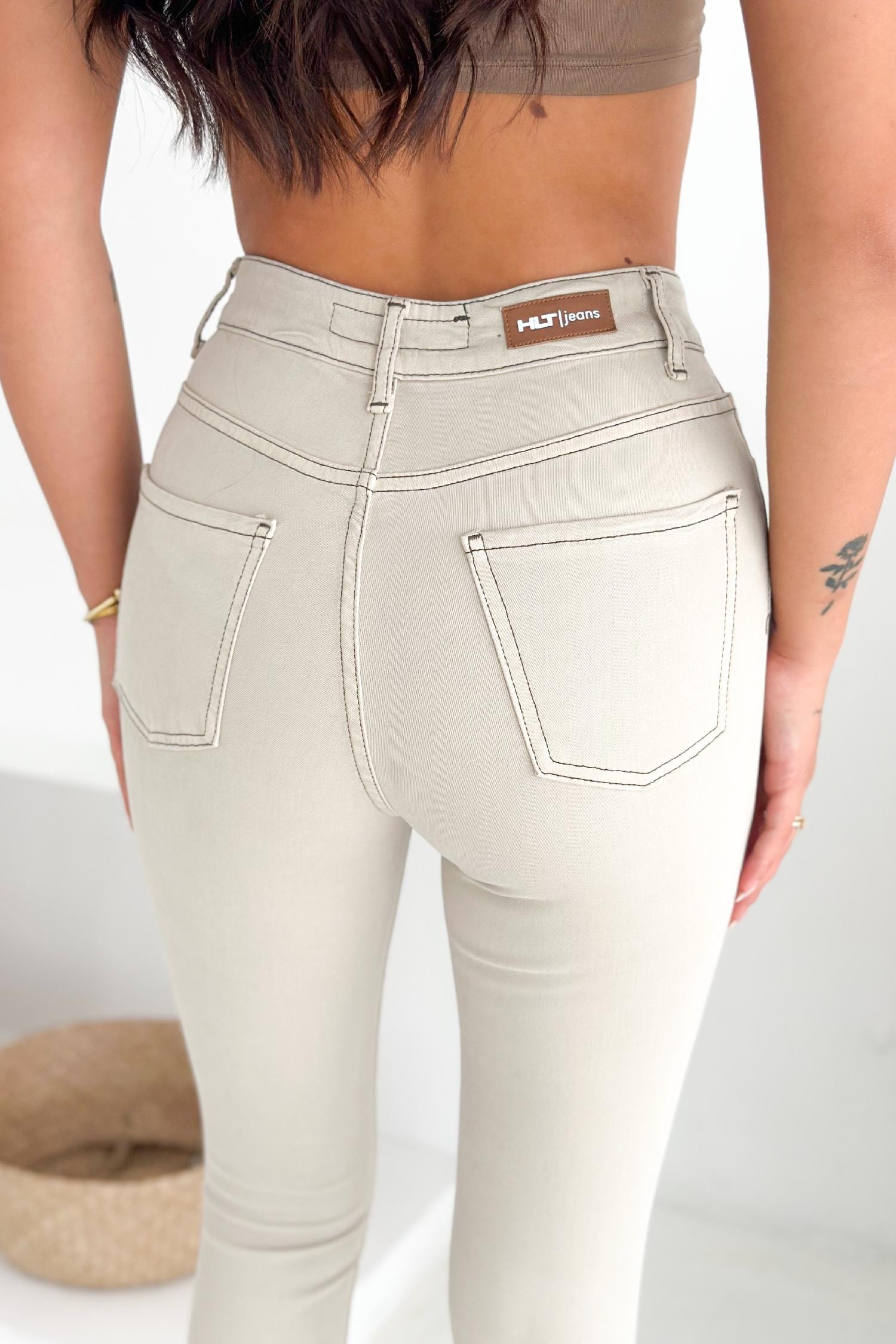 Kadın Taş Renk Süper Skinny Fit Koyu İplik Detaylı Esnek Likralı Yüksek Bel Jean Kot Pan JENNİE-2008